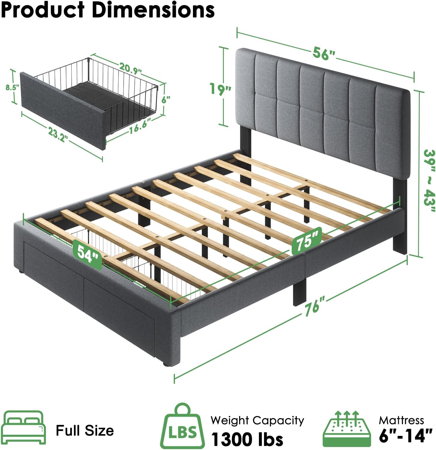 Marsail Full Bed Frame with 2 Storage Drawers, Sturdy & Durable with 12 Support Legs, 1300 lbs Capacity, Solid Wooden Upholstered Adjustable Headboard for 6″–12″ Mattresses, Easy Assembly, Dark Gray