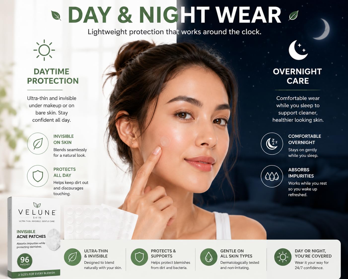Invisible Acne Patches, 96 Count Hydrocolloid Pimple Patches for Face, Ultra Thin Blemish Cover, Day & Night Spot Stickers