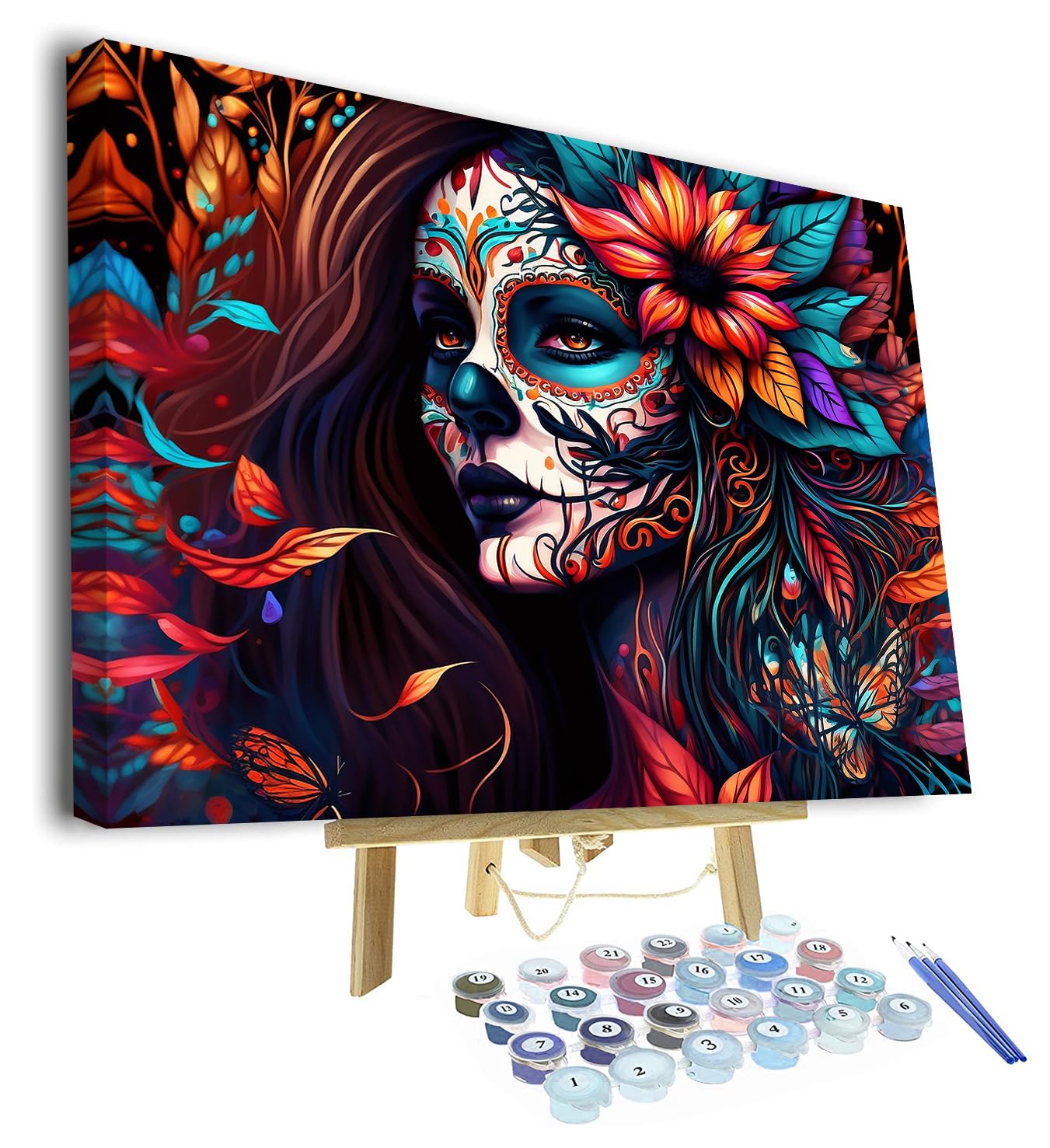 Crâne Fille DIY Peinture par Numéros Adulte Jour des Morts Peinture Acrylique par Numéros Kits avec Pinceaux Toile Cadeaux Fleurs Artisanat pour la Maison 40x50cm(Cadre)