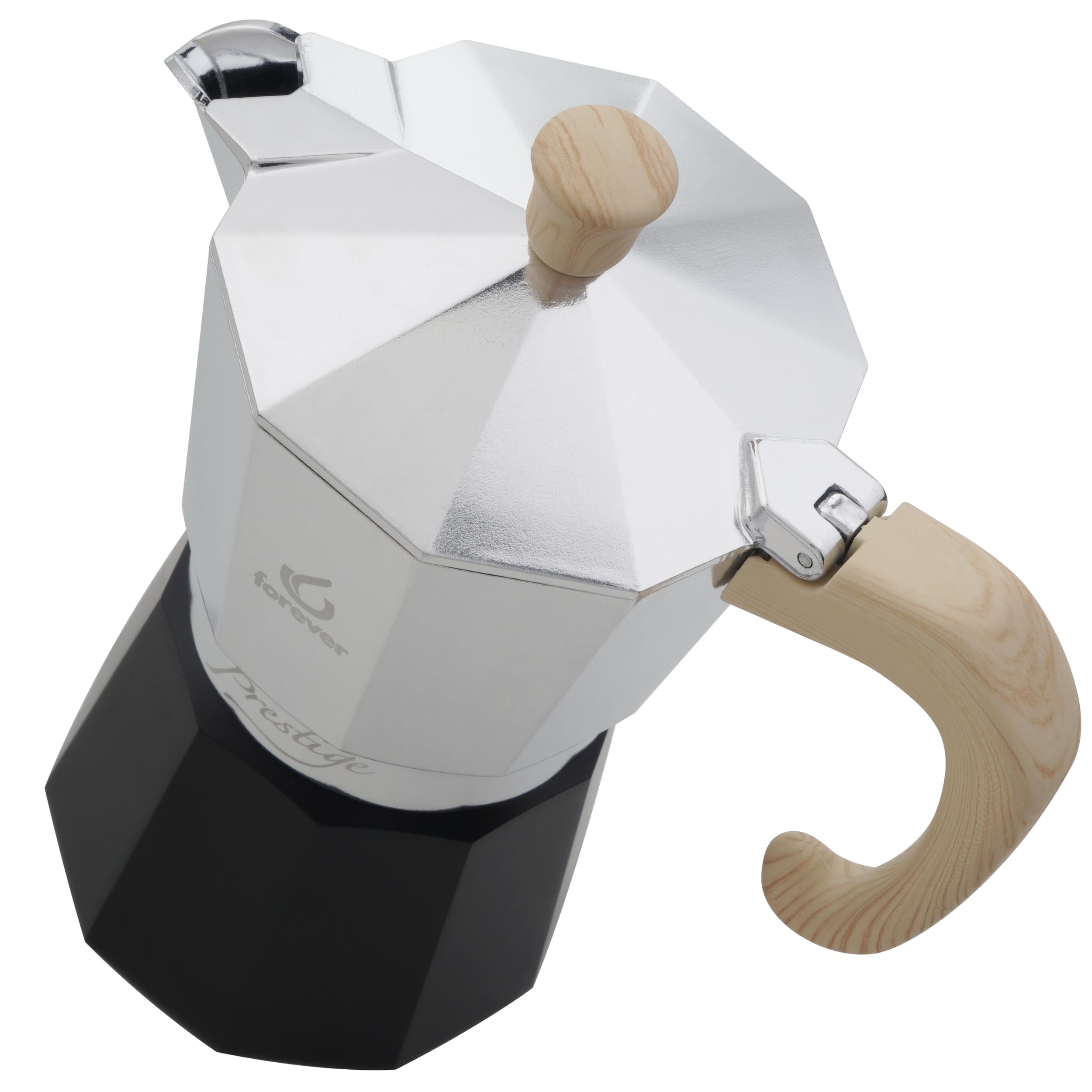FOREVER Caffettiera Moka Alluminio, Miss Moka Prestige 'Radica', Caffettiera Moka per Casa, Caffettiera Portatile per Viaggio, inclusa Guarnizione in Silicone (1 Tazza