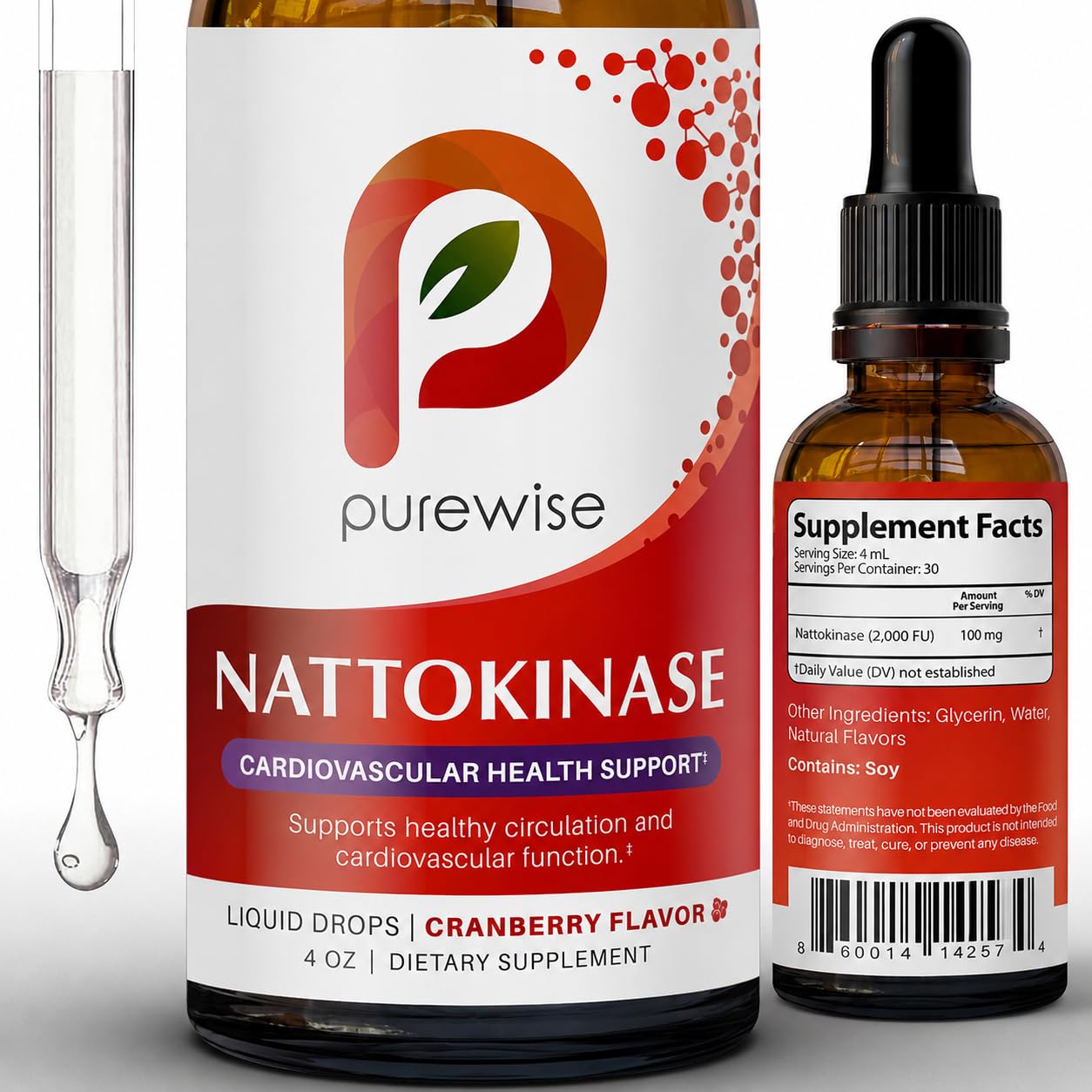 Nattokinase Liquid Supplement, Standardized 2,000 FU (100 mg) Per Serving — Circulation & Cardiovascular Support, Cranberry Flavor, Enhanced Bioavailability Drops — 4 fl oz