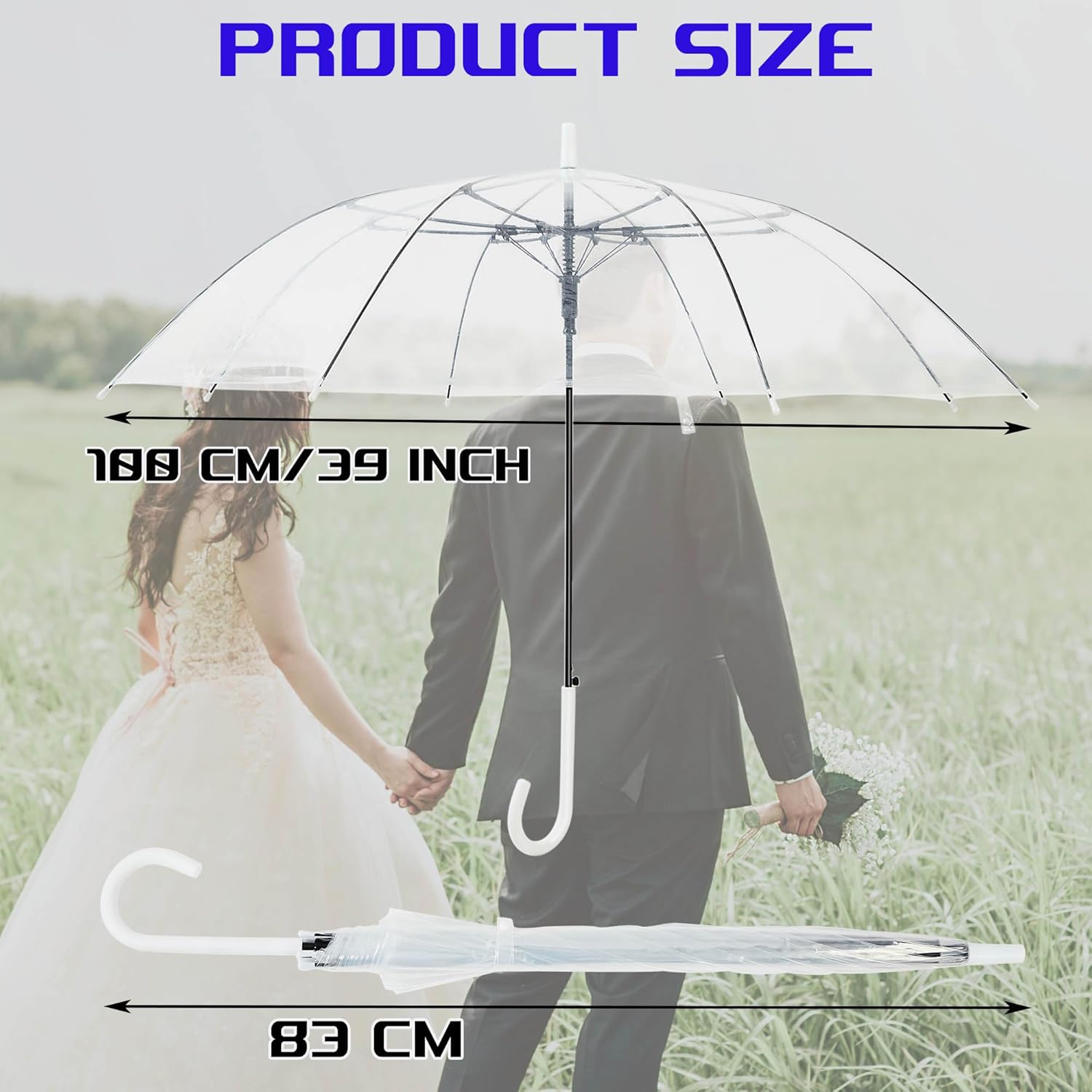 JUYO VONSAN 15 Pcs Clear Umbrella Wedding Bulk Lightweight Fiberglass Frame Transparent Large Stick Umbrellas Bulk for Rain Windproof, Auto Open J Hook