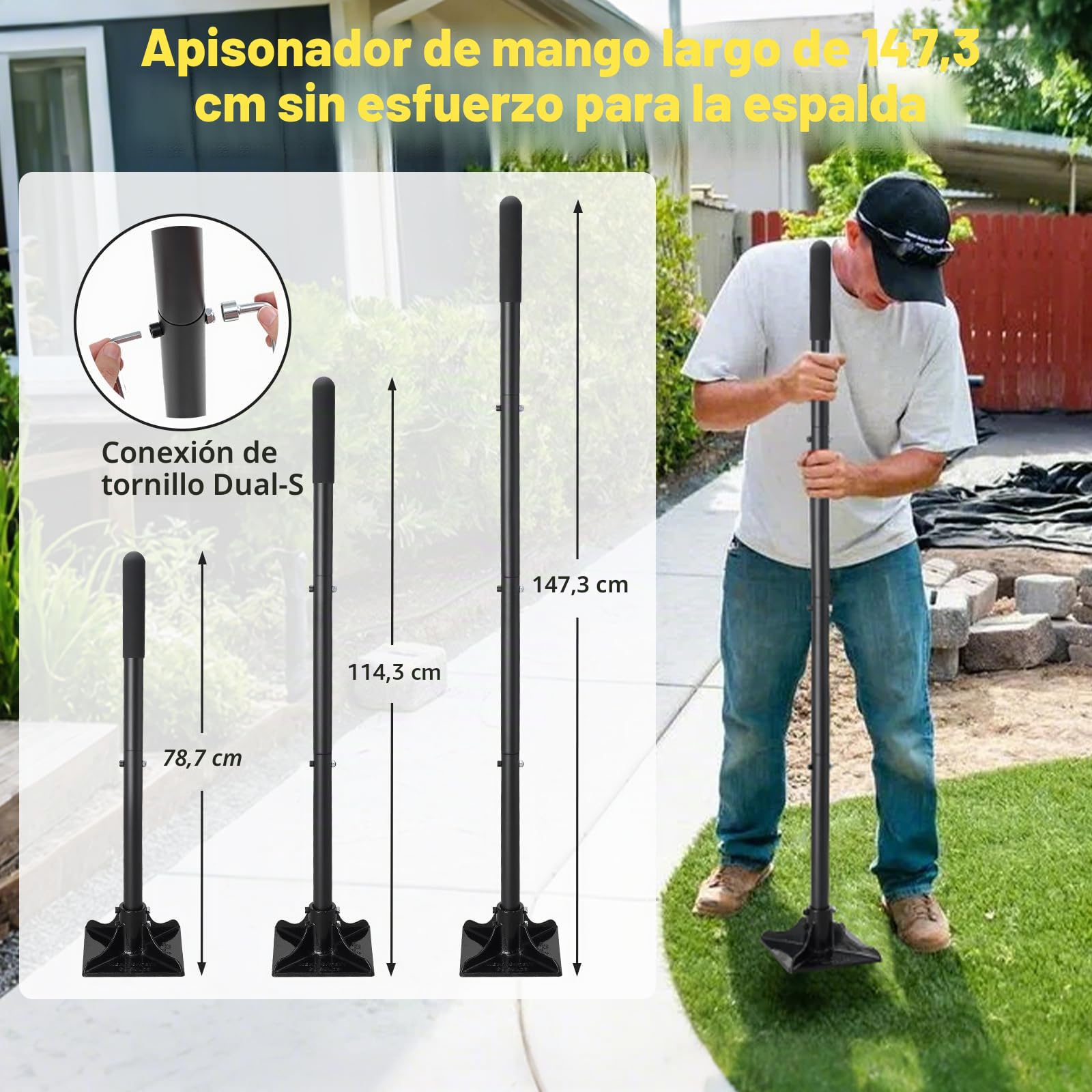 Machacador de acero de 20,32 x 20,32 cm con mango de 145 cm, apisonador manual para jardín, compactador de suelo para nivelación, montaje en suelo, reparación de adoquines