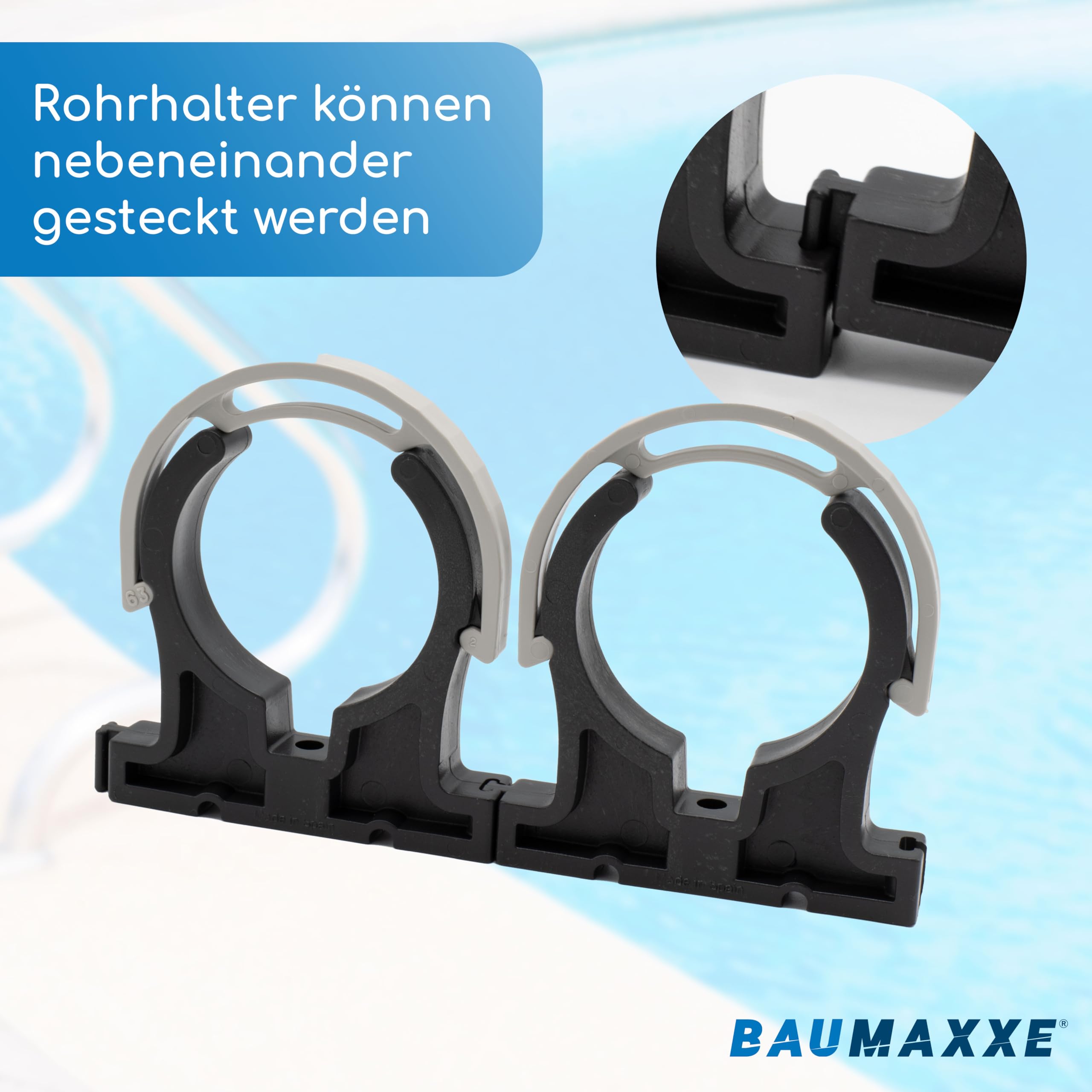 10x PVC Rohrschellen 50mm I Rohrklemme mit Verschlussbügel und Schraubloch I Rohr Klemmschelle Kunststoff schwarz I Für Pool Verrohrung Druck und Saugleitung I bm048