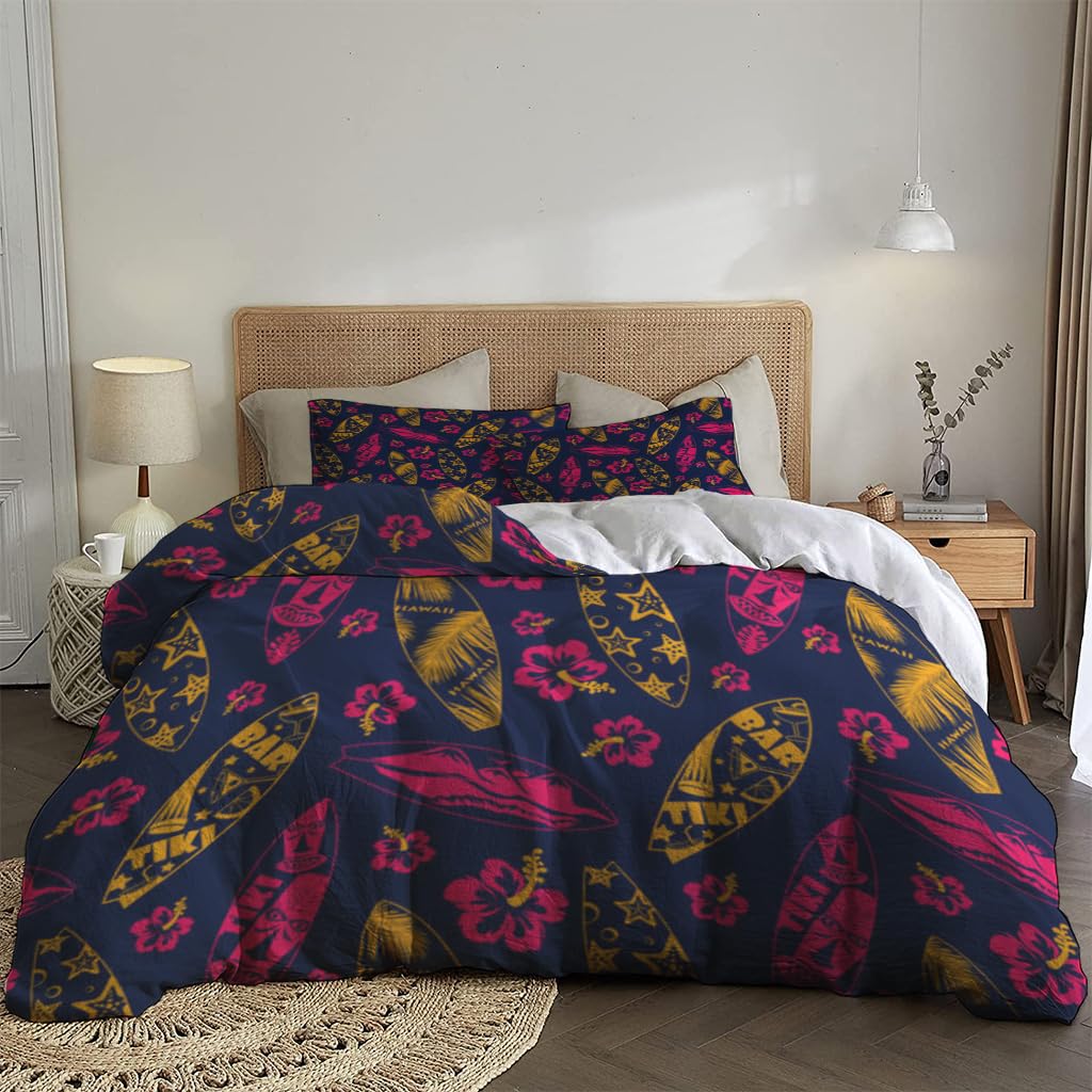 NIBAINLO 布団カバー夏のハワイアンハイビスカスの花が咲いたサーフボード 肌に優しい ピーチスキン加工 掛け布団カバー 和式 洋式 あったか 布団カバーセット リバーシブル ホームステイ ホテル 家庭兼用