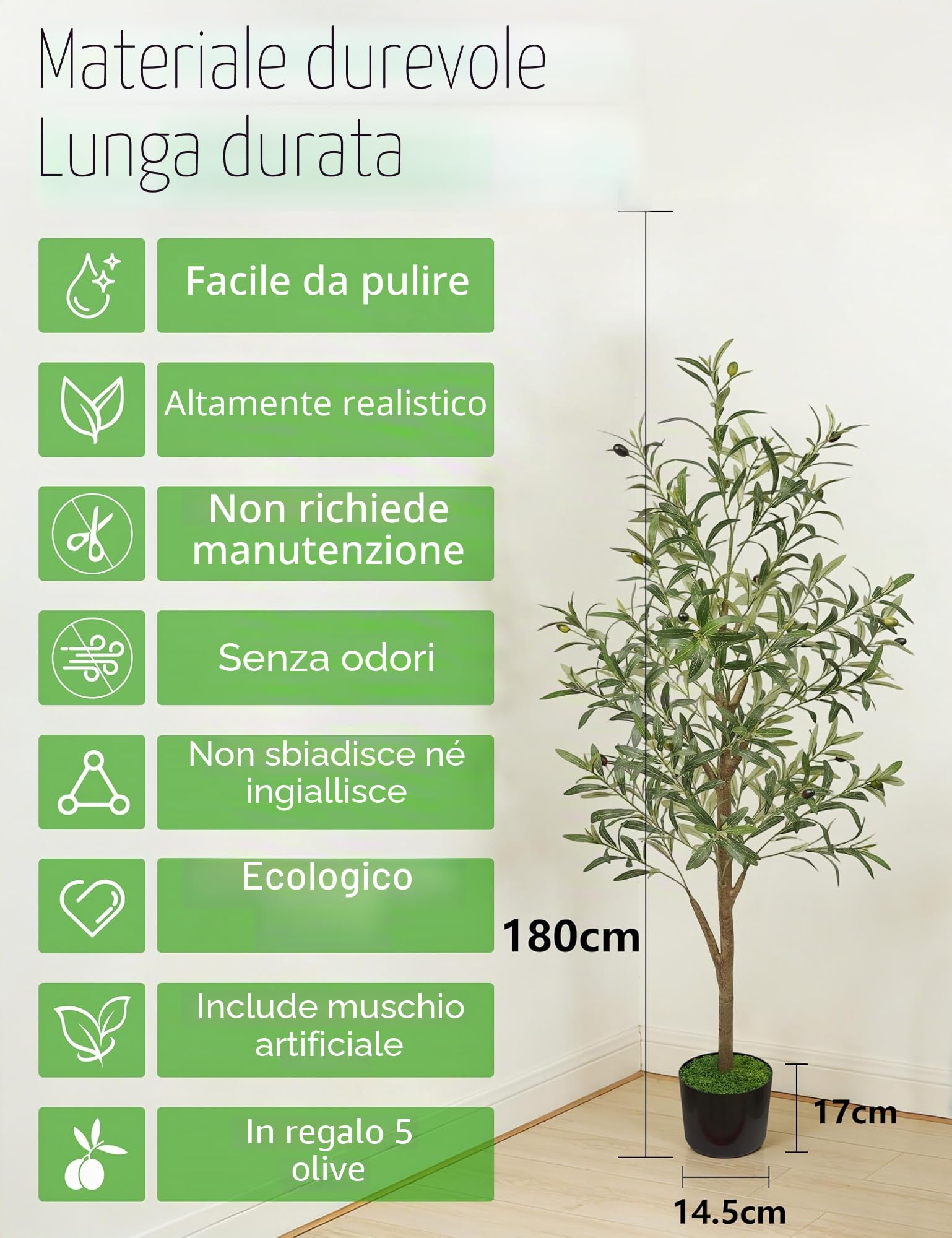 Ulivo artificiale da 1,5 m, ulivo finto con tronco naturale realistico, foglie e frutti realistici, grande ulivo da interno con robusta fioriera nera, ulivo finto per la decorazione della casa e del