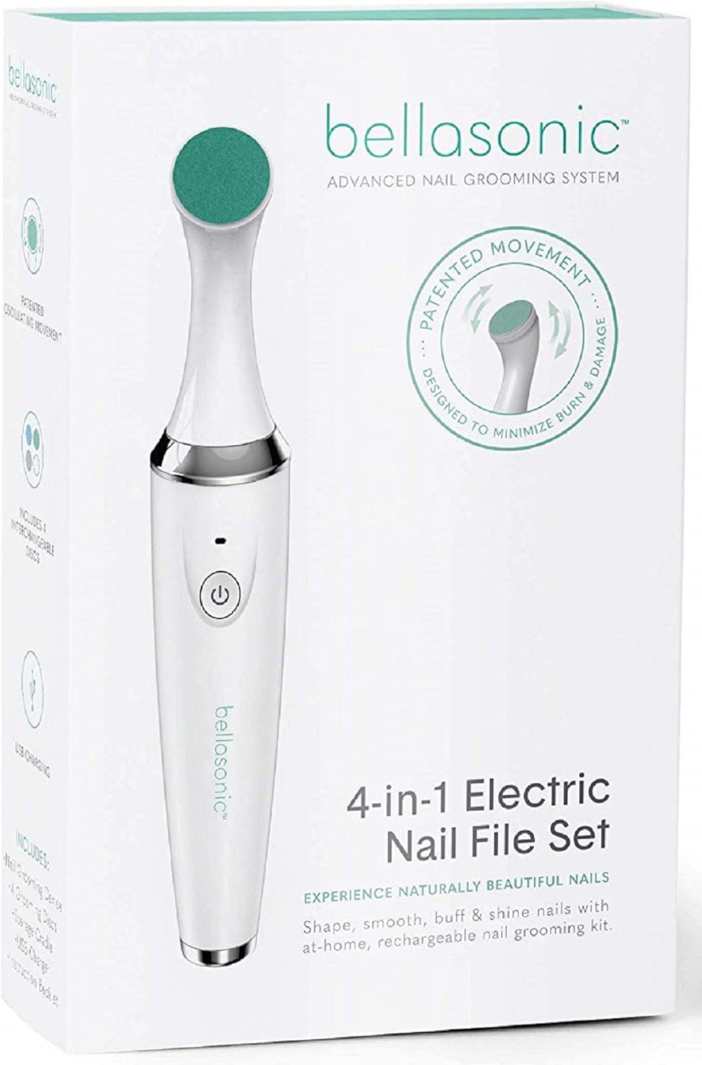 BELLASONIC 4-in-1 Rechargeable Electric Nail File Set with Unique Oscillating Head – Shape, Smooth, Buff & Shine Nails – Remove Cuticles & Calluses – Salon Quality Manicure Pedicure Results