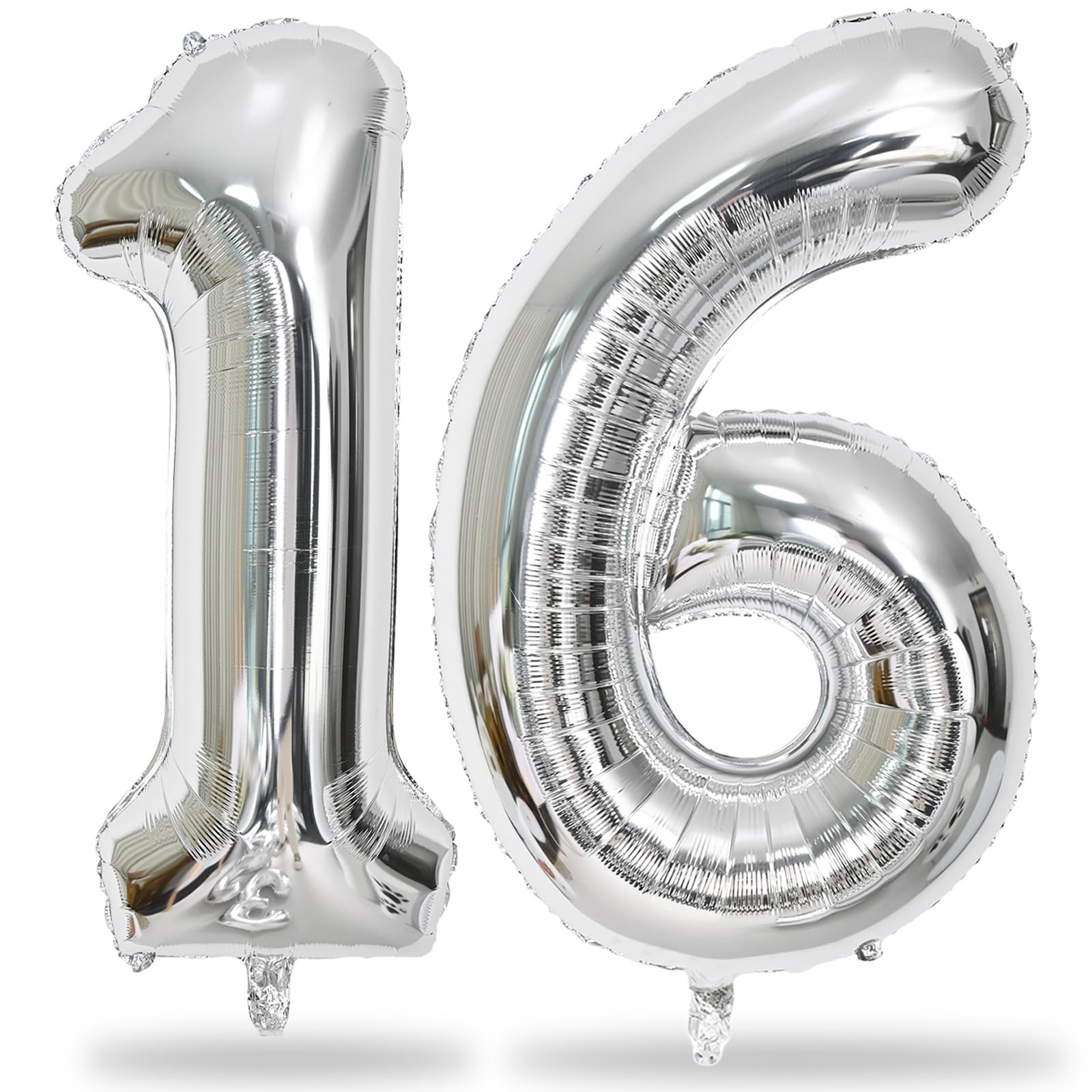 Silver 16th Birthday Balloons for Boys, 40 Inch Mylar Self Inflating 16 Balloon Number, Big Foil 1 and 6 Helium 16 Balloons for Women Men Girls