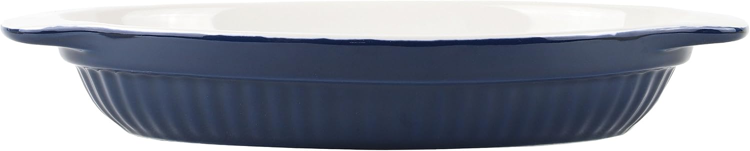 DELISH KITCHEN L-1892 Pearl Metal Gratin Dish, Navy, 8.7 x 5.5 inches (22 x 14 cm), Heat Resistant Deep Oval Plate