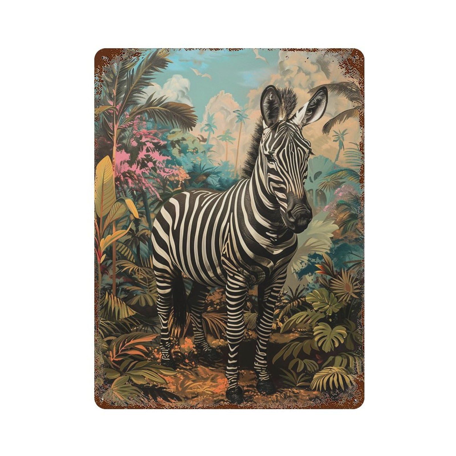 Rust Effect Tropical Zebra Jungle Scene Rustic Tin Plaque 15.7"x11.8", Shabby Chic Decor for Basement, Hobby Room And Garage Decor