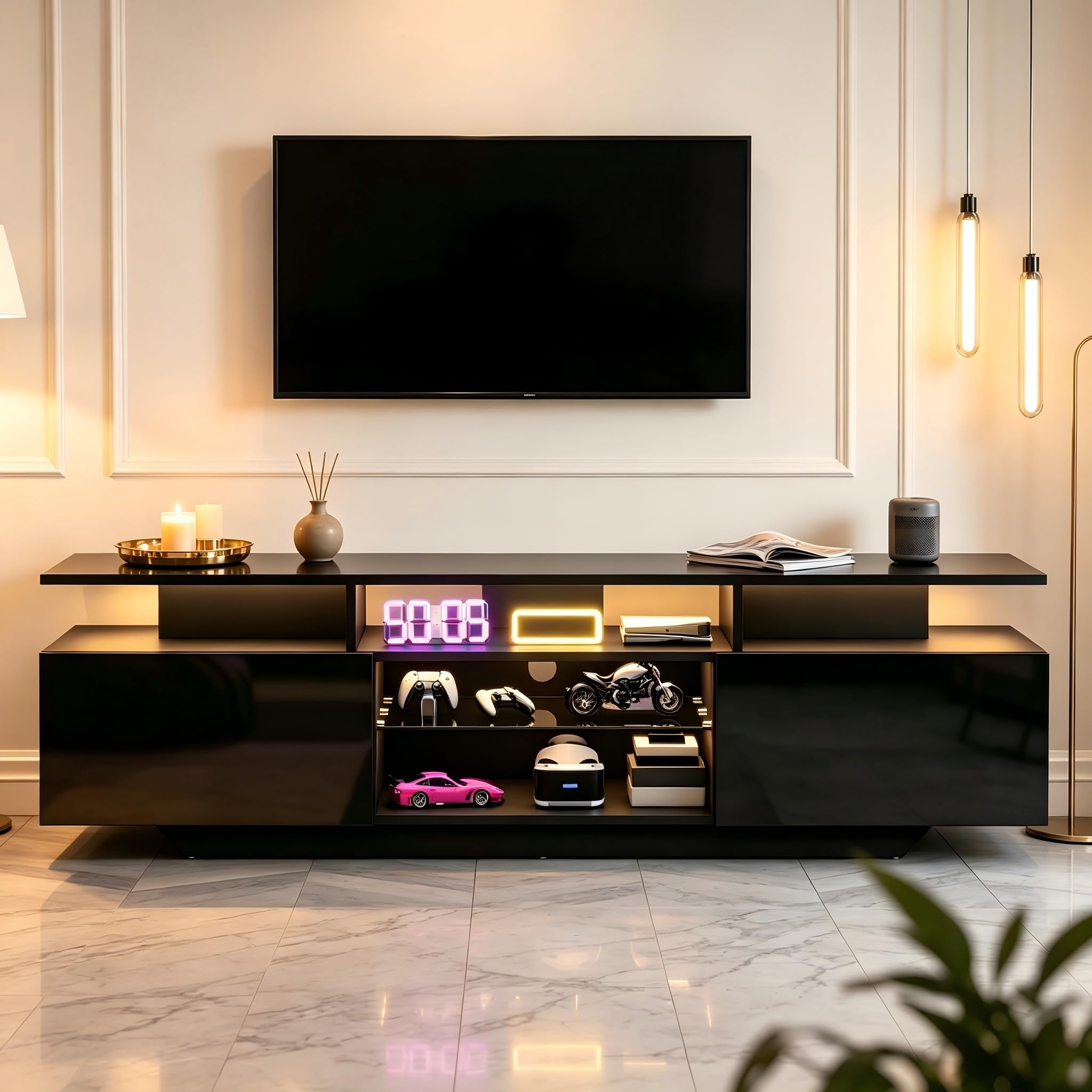 160 x 40 x 45 cm, szafka pod telewizor z 2 szafkami, szafka do salonu, szafka pod telewizor z listwą świetlną LED, nowoczesne centrum rozrywki z 8 półkami, MDF, telewizor 70", czarna