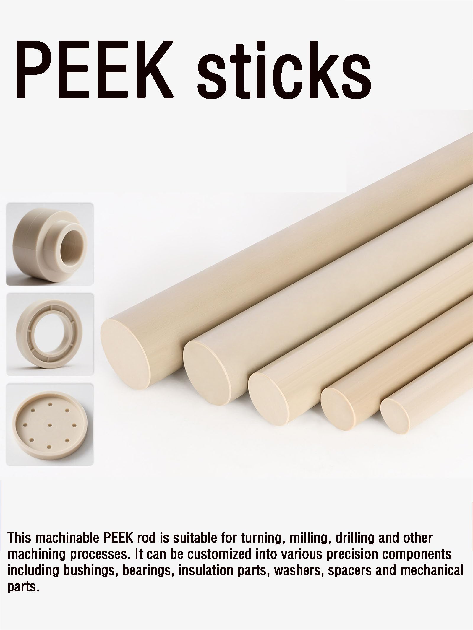 PEEK Profilo Tondo Plastica Tecnica Per Usinaggio E Parti Personalizzate | Materiale plastico tecnico PEEK per lavorazione precisa, ideale per componenti industriali, parti meccaniche