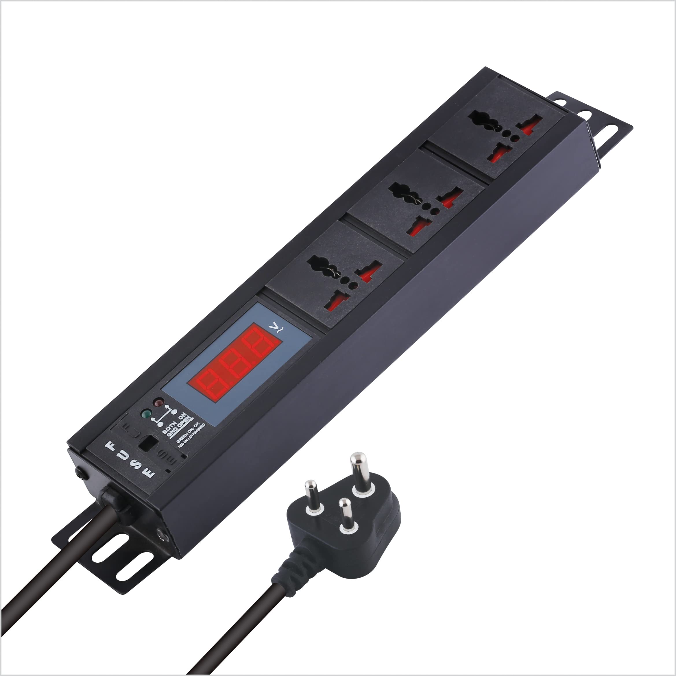 MX Extension Board 3 Outlet 1500W 6 AMP with Live Voltage Display (Parameter 30W~265V) Wall/Rack Mount, Built in Fuse Master Switch, Wall Mount, 0.75 Sq.mm ISI Marked 5 m Power Cord