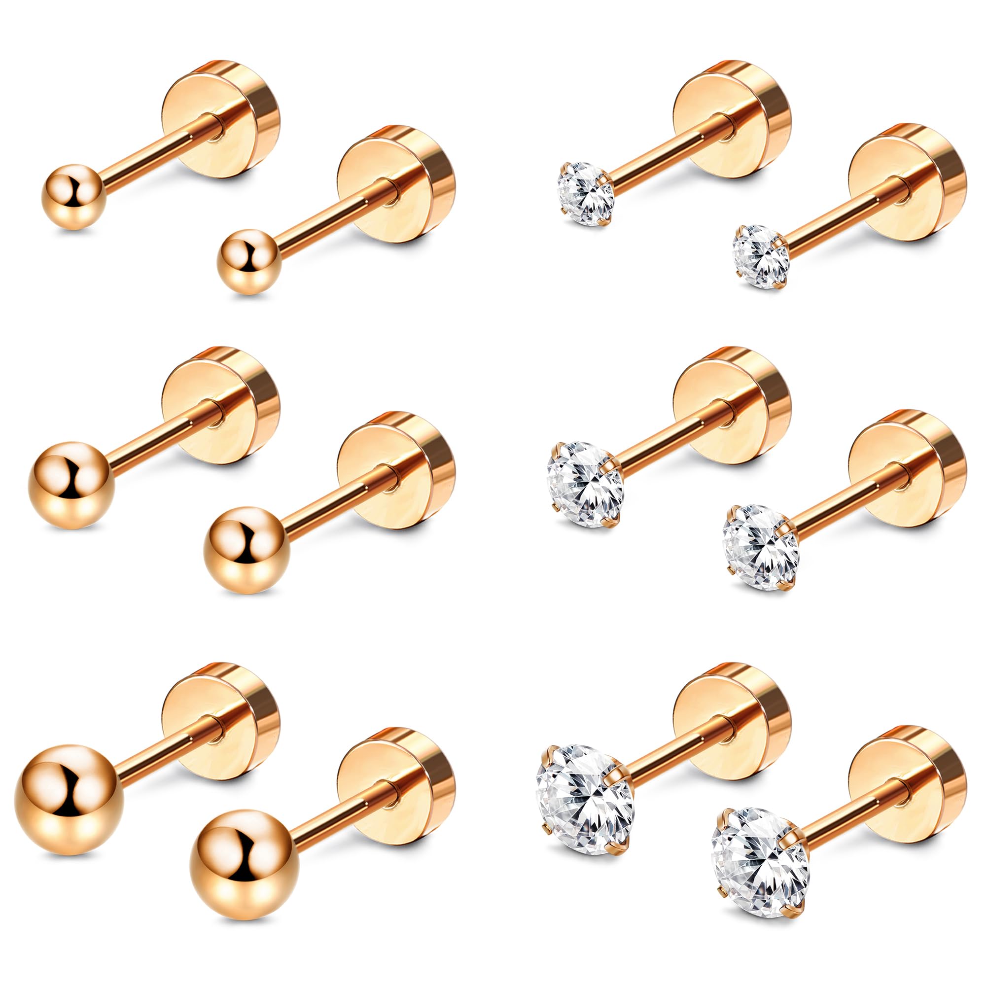 Kakonia 6 Pares De Pendientes Para Mujer Hombre Titanio Acero Quirúrgico Piercing Oreja Plata Oro Rosa Oro Negro Pendientes Pequeños Múltiples Piercing Hipoalergénico Circonita Cartílago Helix Set