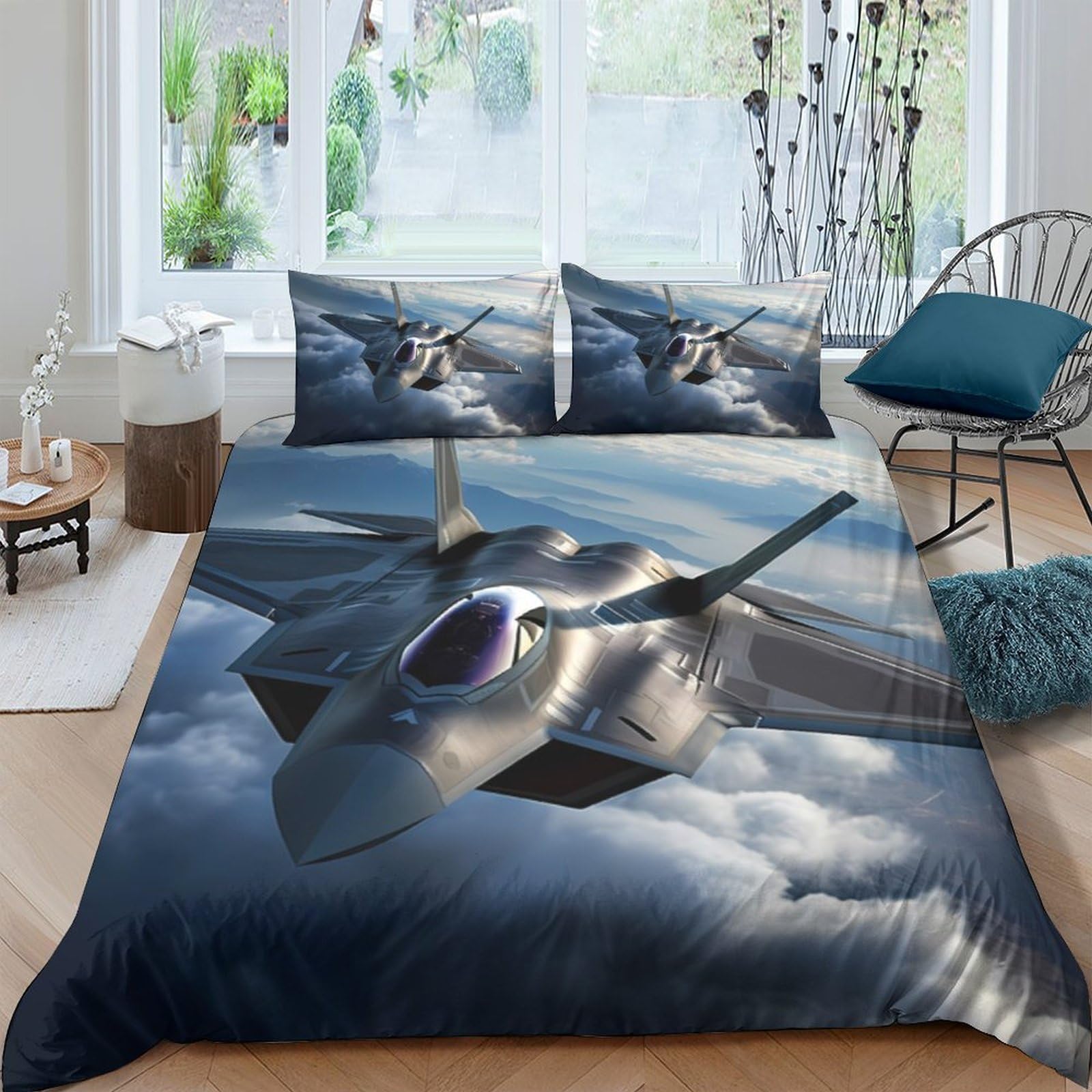 GPLZQXKJNH 3D Printed Fighter Jet Duvet Cover Microfiber Soft Breathable Aircraft Bedding Set with 2 Pillowcases for Bedroom Decor Single（135x200cm）