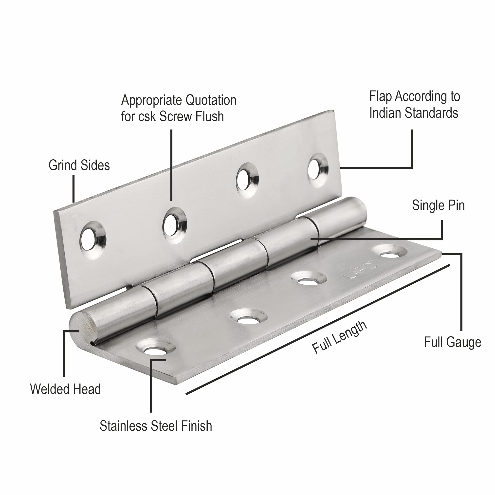 LAPO Strong Door Hinges, 4 Inch x 14 Gauge/1.8mm Thickness, Heavy Stainless Steel Joint Hinges, Smooth Operation, Ideal for Bedroom Doors & Wardrobe, 5 Years Warranty, Matt Finish, Pack of 4 2