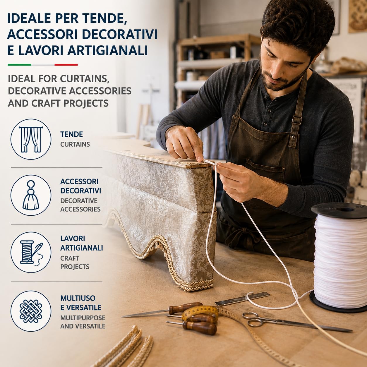 IPEA Treccia per Veneziana Bianca 3 mm in Nylon – [ 50 METRI ] – Made in Italy – Corda per Tende a Pacchetto, Mantovane, Tapparelle, Accessori, Fai Da te – Cordino Bianco Multiuso - Spessore 3 mm