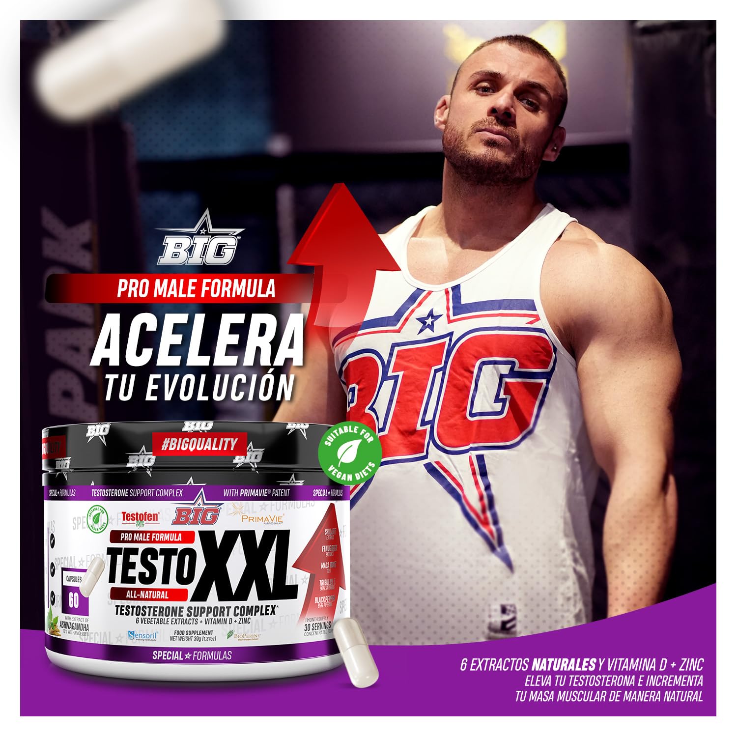BIG Testosterona Hombre 60 Cápsulas Precursor Natural para Aumento de Masa Muscular, Energía y Rendimiento Físico