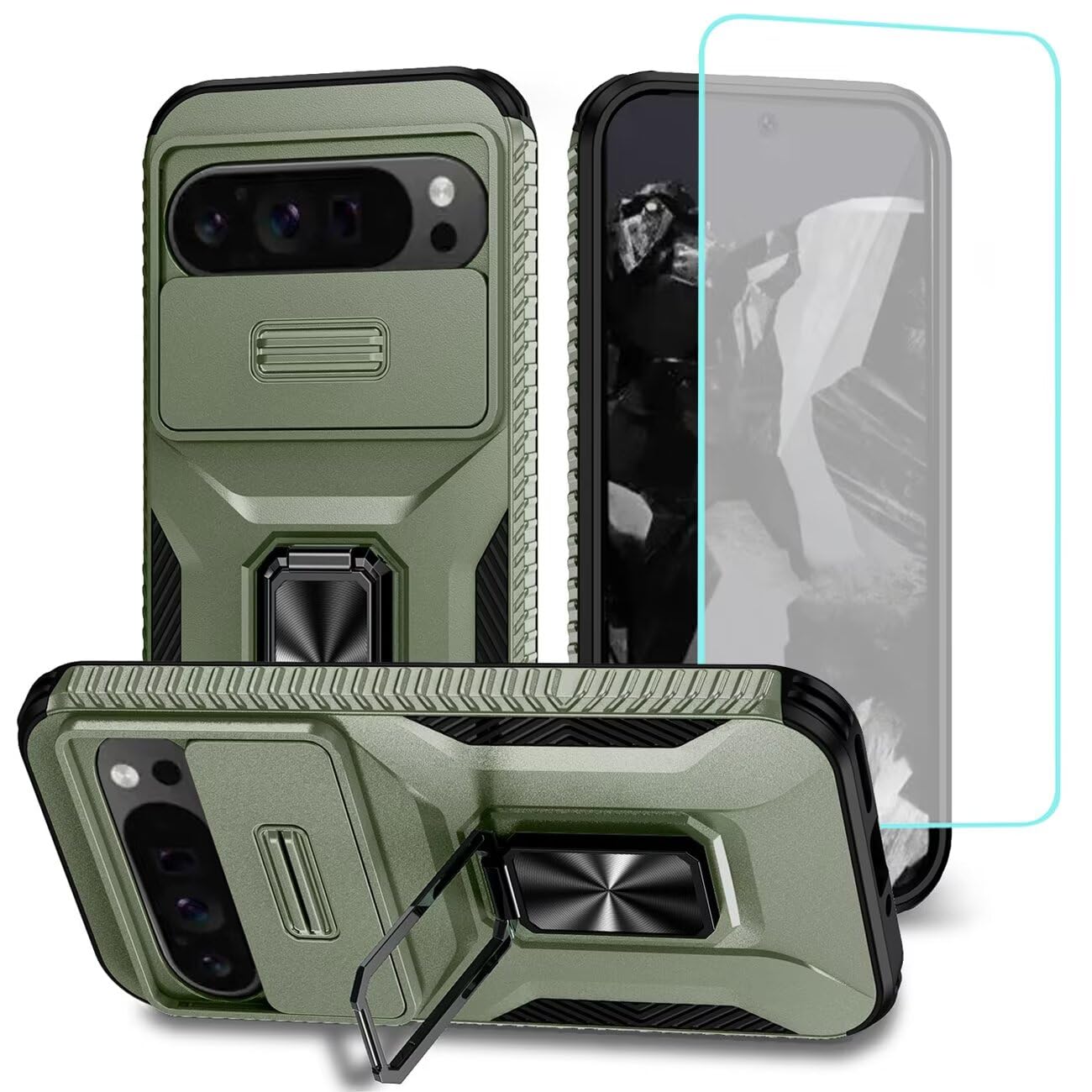 Funda para Pixel 9 Pro XL, para Google 9ProXL con Vidrio Templado, Cubierta Deslizante para Cámara y Anillo Giratorio para Google Pixel 9 Pro XL Verde