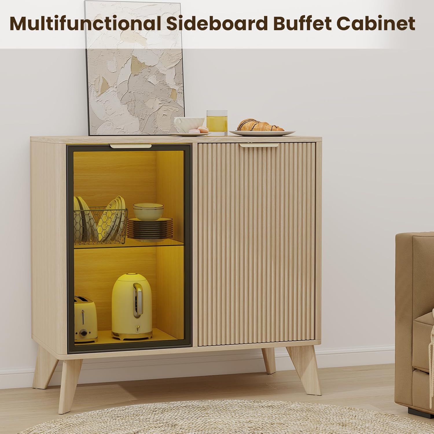 Fluted Buffet Cabinet with Storage, Small Coffee bar Cabinet with Adjustable Shelf for Kitchen, Wood Buffet Cabinet Sideborad with Glass Door, Buffet Storage Cabinets for Living Room
