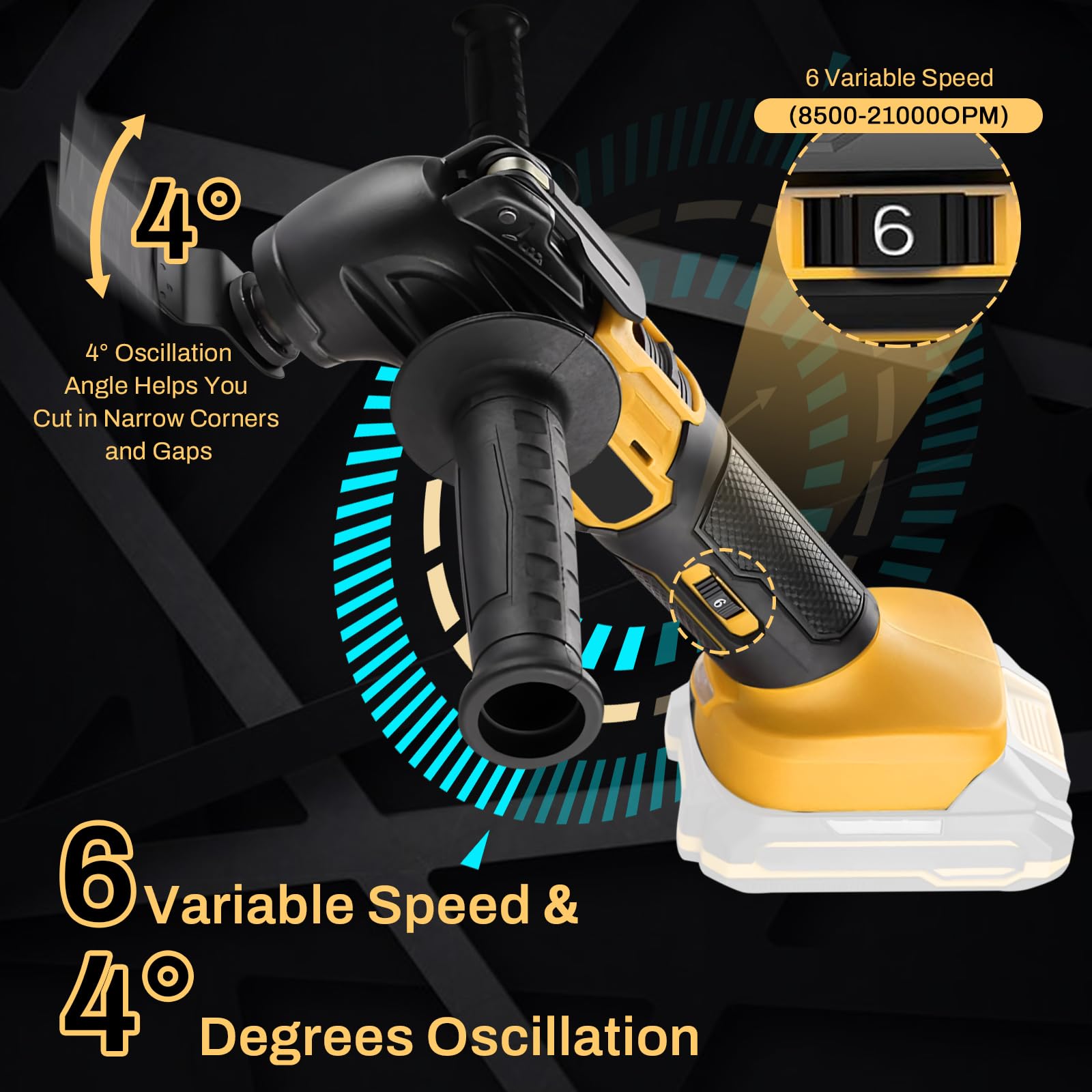 Herramienta Oscilante para batería 20 V, herramienta oscilante multifuncional sin escobillas con 6 velocidades con 23 accesorios para cortar, tallar, lijar y taladrar, sin batería