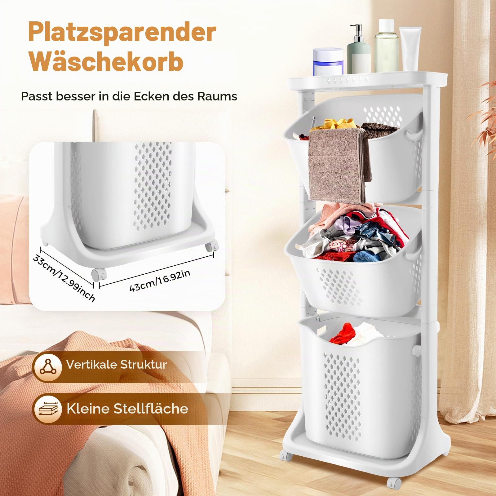 Wäschekorb mit Rollen, Wäschekorb 3 Fächer, Wäschekorbwagen mehrstöckig, Wäschesammler, Aufbewahrungskörbe, Wäschebehälter für Kleidung und Spielzeug
