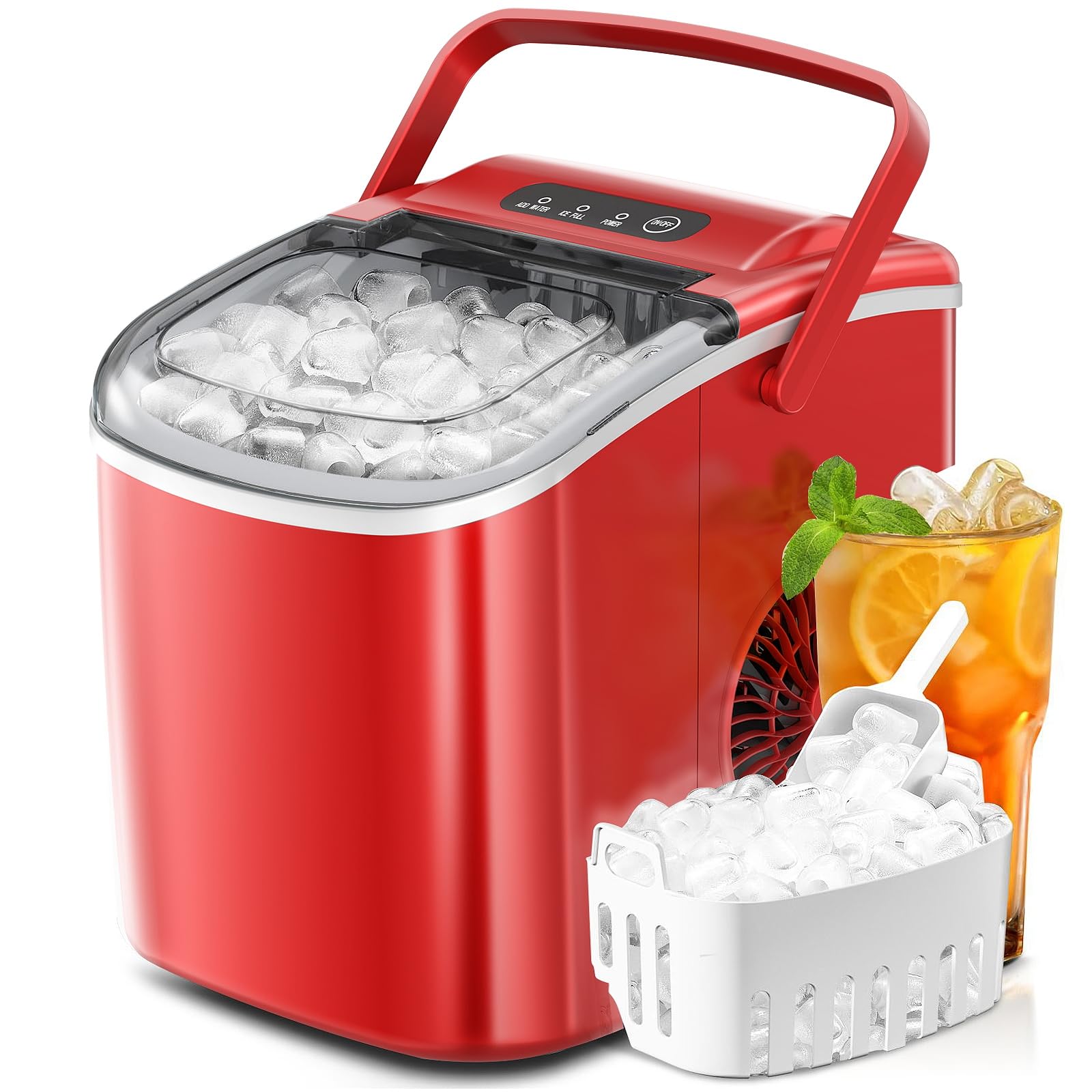 ZAFRO Ice Makers Countertop with Self-Cleaning, 9 Bullet Ice Ready in 6Mins, 26.5Lbs/24Hrs, Portable Ice Maker with Handle/Ice Scoop/Basket for Home/Kitchen/Camping, Red on Fridge.com
