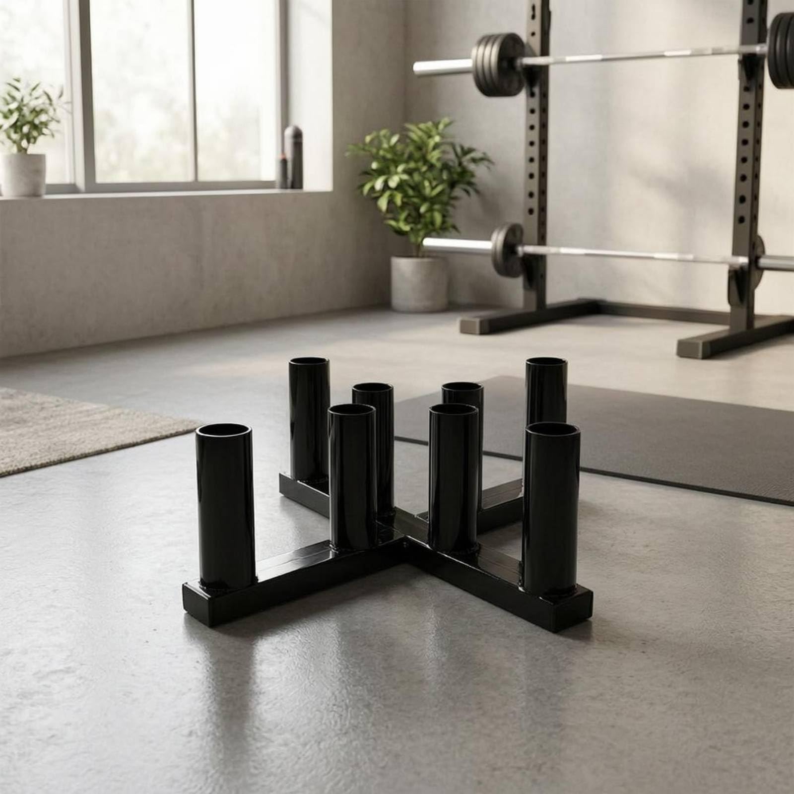 Harilla Soporte para Barras Olímpicas Rack Barra Pesas Organizador Soporte Vertical Base en Cruz Acero 8 Posiciones Mantiene Suelo Libre Compatible con Barras