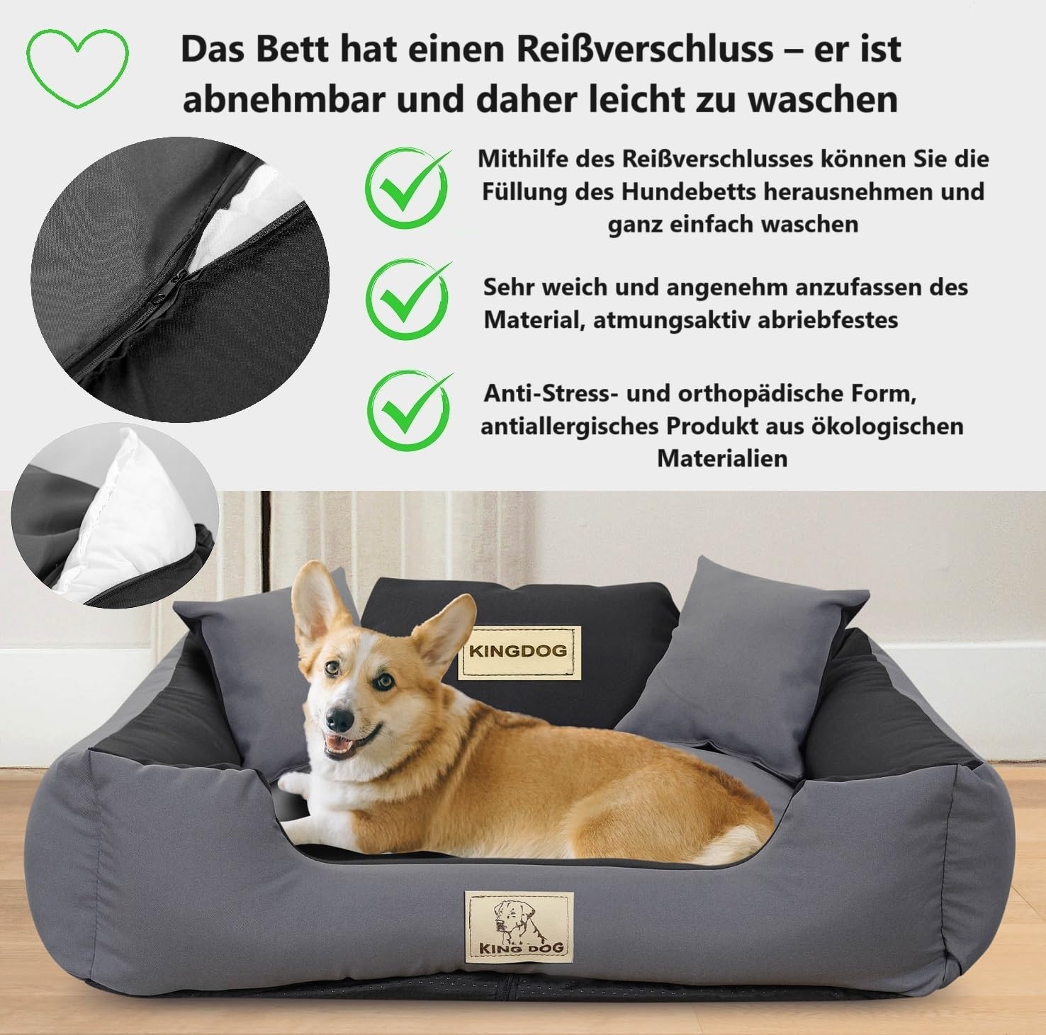 KING DOG Hundebett Grosse Hunde Waschbar L 100 x 75 cm Hundekissen Hundekorb Personalisiert - Name des Hundes Mit Reißverschluss Abnehmbares Kissen rutschfeste Unterseite Silikon Füllung Grau