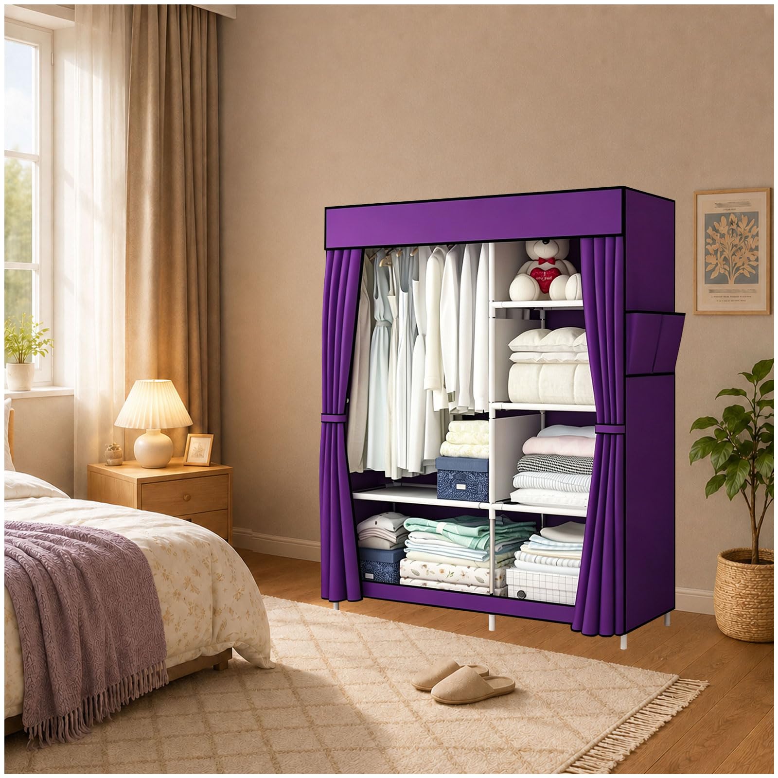 Generisch Kleiderschrank Stoff Stabil, Stoffschrank mit Fächern, Stoffschrank mit großer Kapazität, mit Abdeckung, 6 Lagerregalen und 3 Kleiderstangen, Stabiler Freistehender,Lila,41.3''