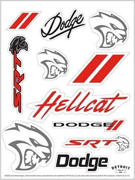 Detroit Shirt Company Dodge SRT Hellcat 11-Decal Sticker Sheet | SRT, Hellcat, Dodge Rhombus, and Red Stripes Stickers | 6"x8" Indoor/Outdoor Peel-Off Stickers