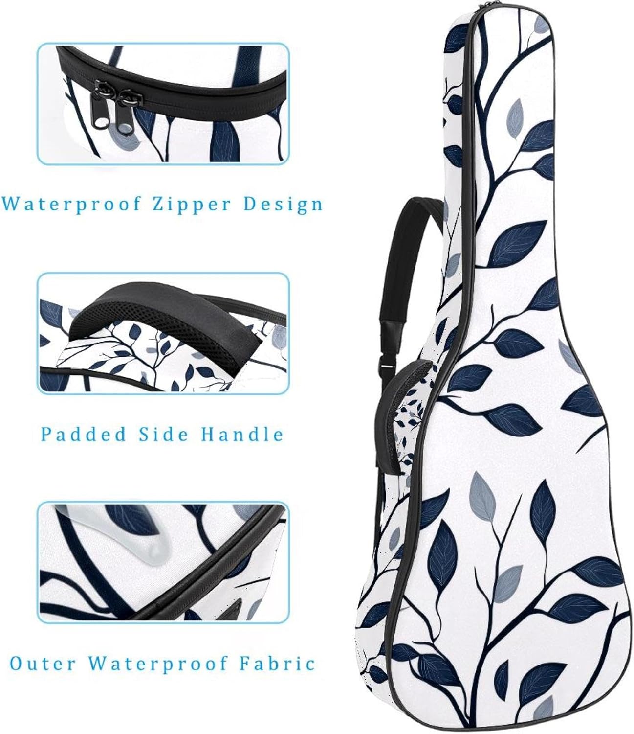 40 41 42 Inch Acoustic Guitar Bag, 0.4 In Thick Sponge Padded Guitar Case Gig Bag with Back Hanger Loop and 2 Pockets, Leaf Seamless Pattern with Tree Branches