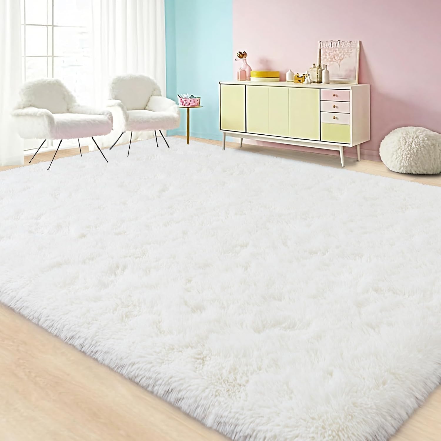 Lairep Large Area Rugs for Living Room Bedroom, 8x10 Feet Ivory Fluffy Shag Rugs, Ultra Soft Shaggy Plush Fuzzy Modern Indoor Throw Floor Carpet for Kids Girls Boys Dorm Nursery Home Decor Aesthetic