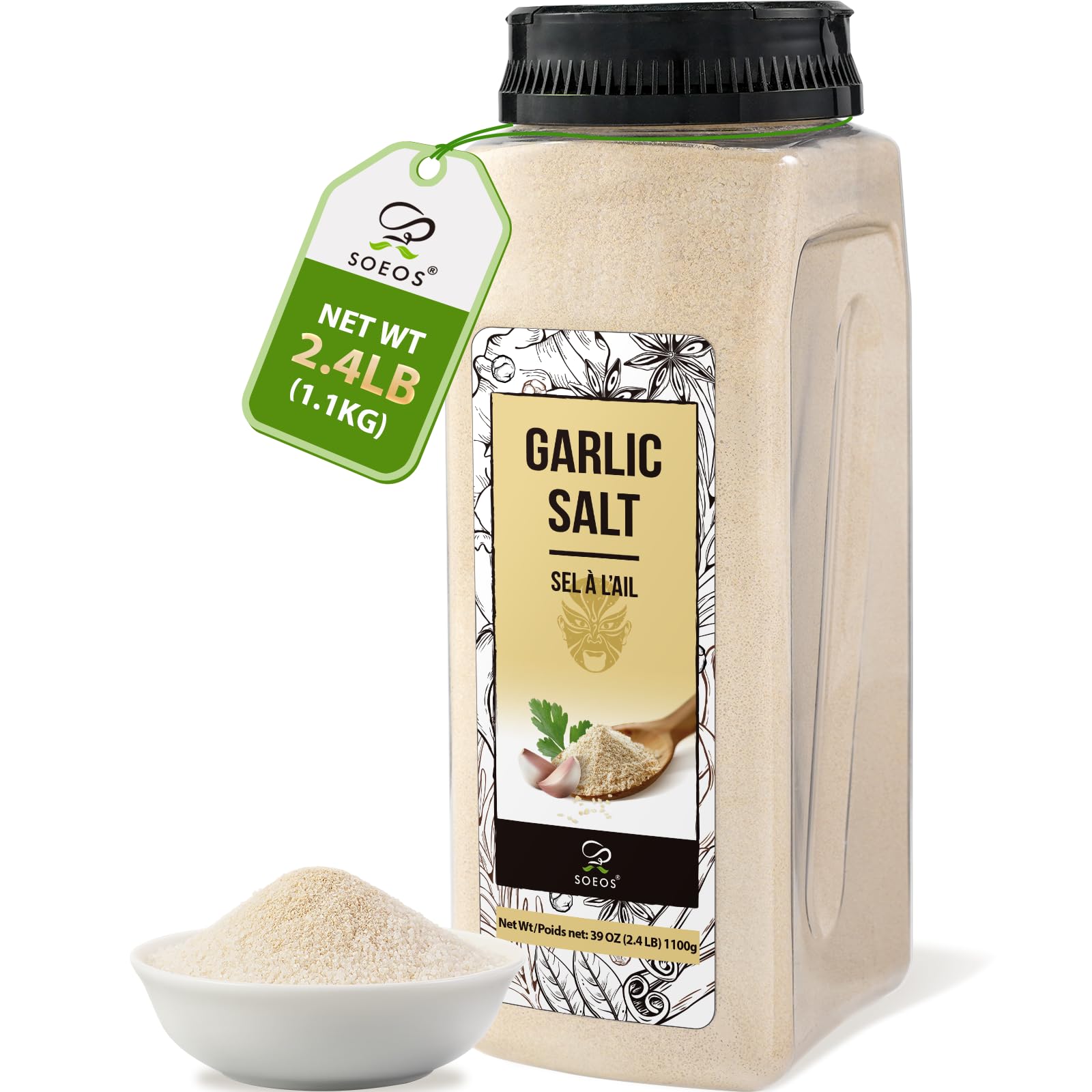 Soeos 마늘 소금 1,100g(33온스) 1.1kg(2.5파운드), 벌크 마늘 소금 시즈닝, 수프, 빵, 채소, 고기 등에 맛을 더하는 데 이상적