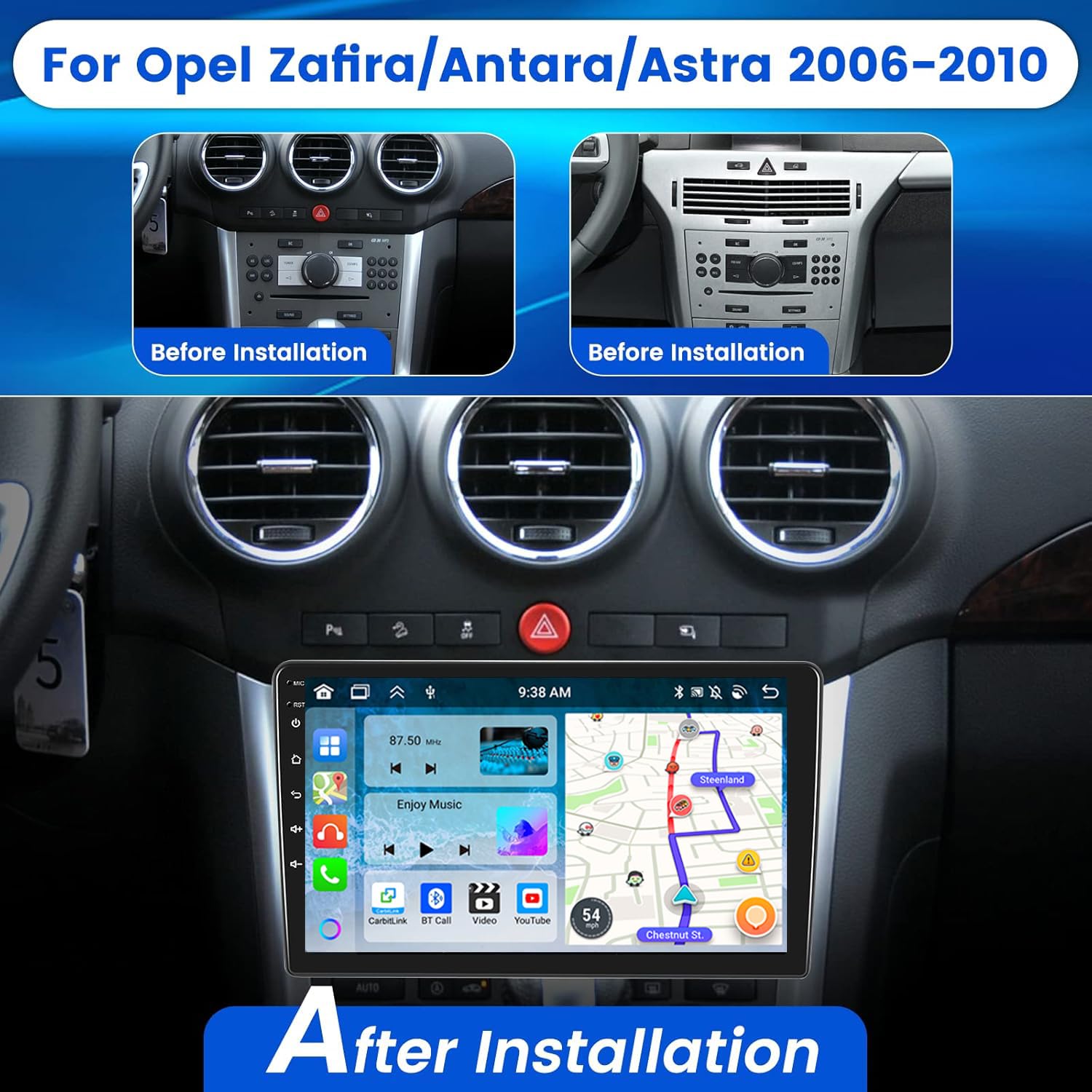 2+64GB Android Autoradio Wireless Carplay pour Opel Astra H, Zafira B, Corse C D, Tactile Écran 9 Pouces Bluetooth Poste Radio Voiture Android Auto Caméra de Recul, Radio avec GPS WiFi EQ FM RDS