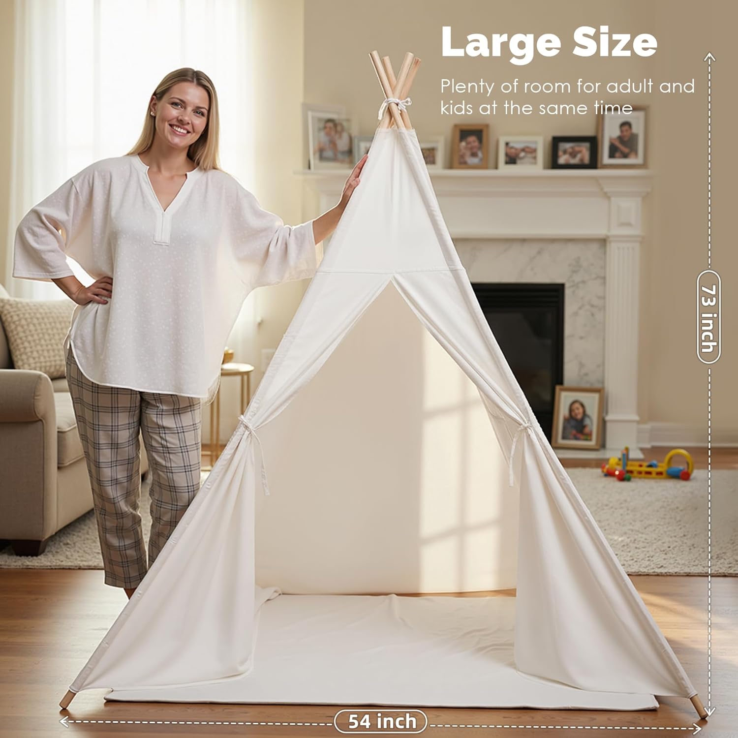 Sumbababy Large Teepee Tent for Kids Indoor - Cotton Canvas Slumber Play Tents for Adults - Foldable Sleepover Tents for Girls Boys Party Gift Toy, White