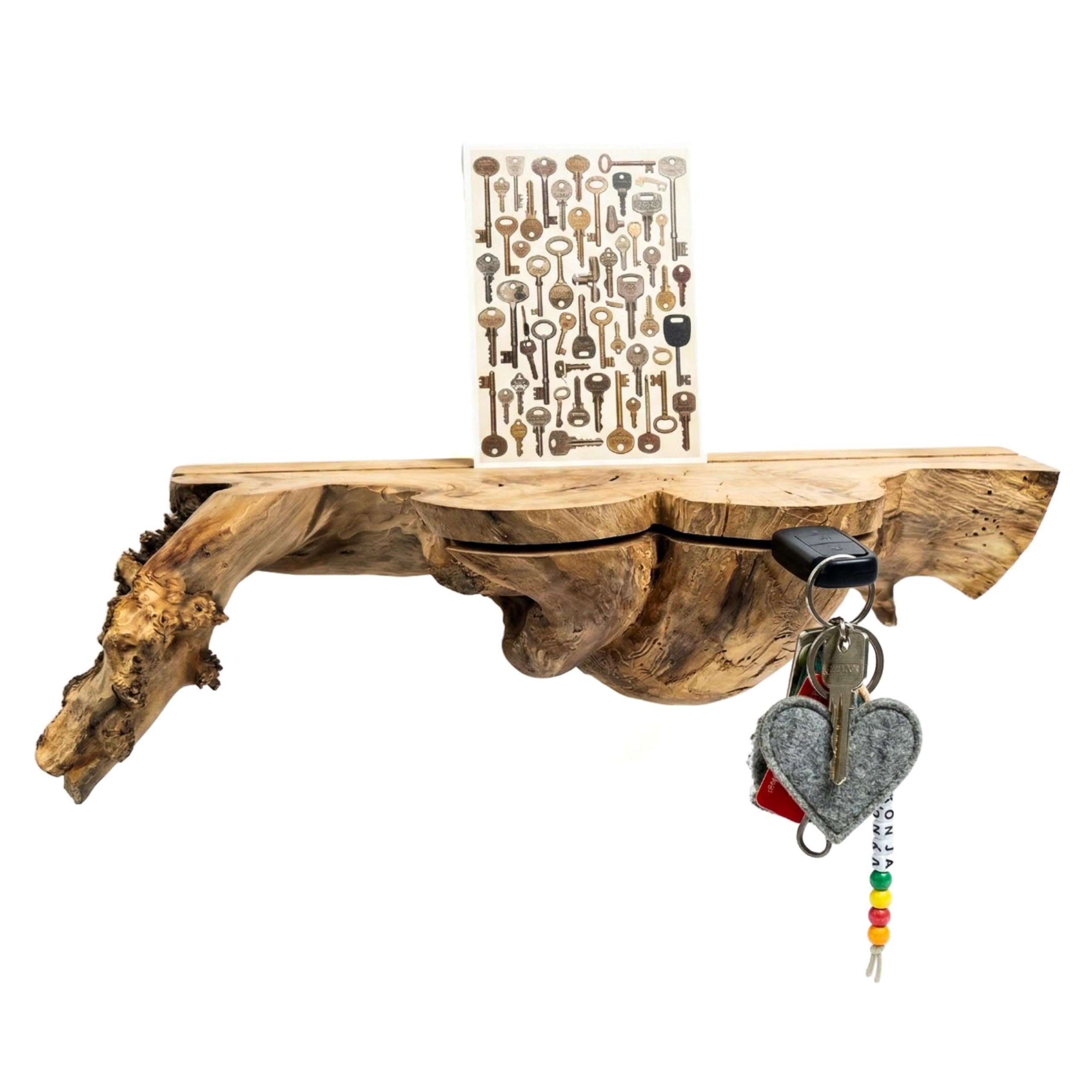 Schlüsselbrett Holz mit Ablage, Schlüsselhalter aus Wurzelholz, 35 cm | Frontseitiger Schlüsselschlitz ohne Haken, Handy- und Fotohalterung, Wandmontage, für Flur und Diele