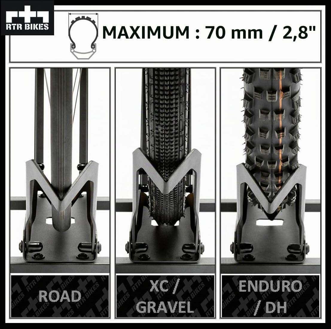 RTR BIKES Brutus Support Vélo Sol Professionnel – Râtelier Robuste pour VTT & VAE jusqu'à 30kg – Stable Acier – Compatible Roues 26-29" & Pneus 2,8" – Made in EU