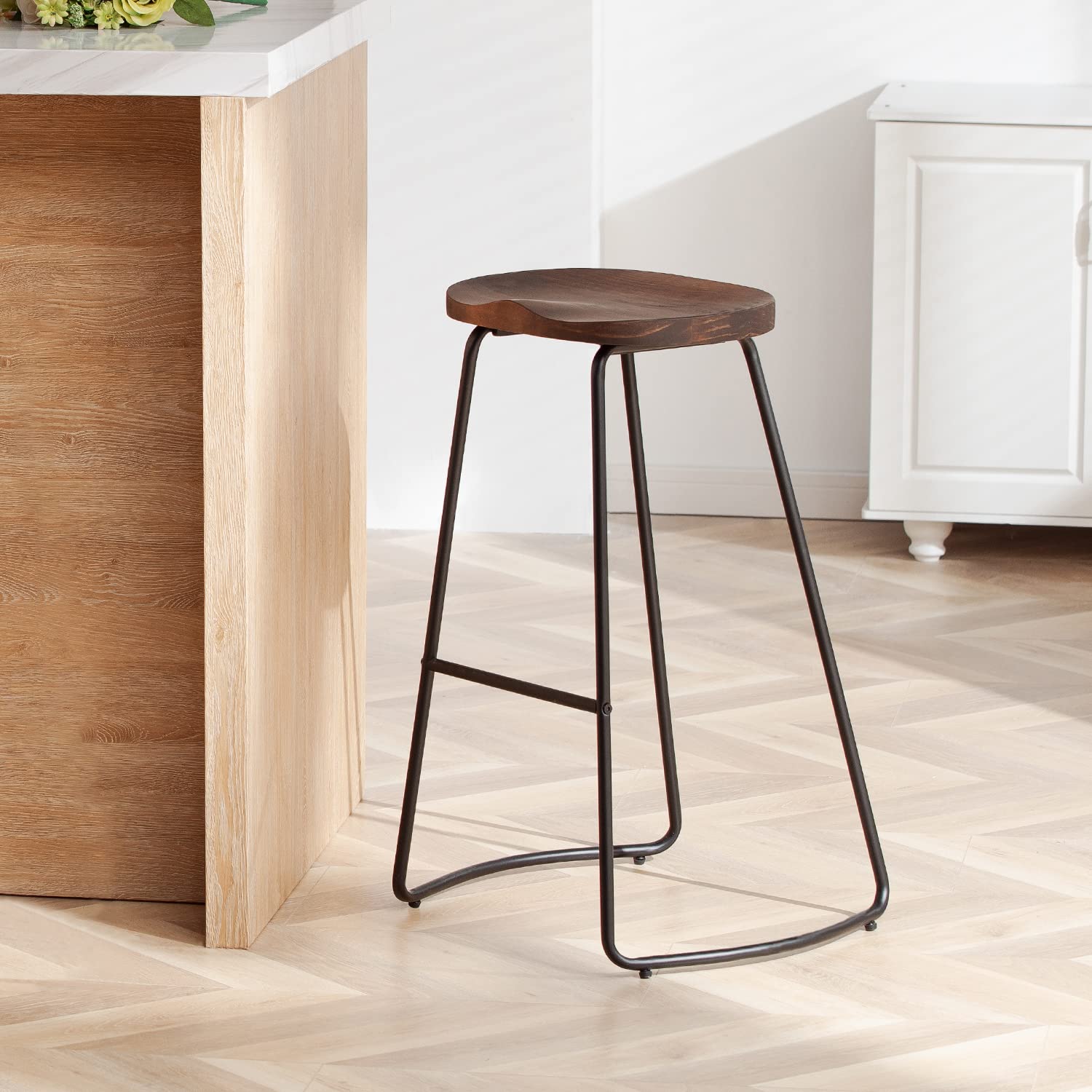 HeuGah Bar Stools, Solid Wood Bar stools, 30" Counter Height Bar Stools with Metal Leg,Rustic Backless Bar Stools for Kitchen Island,Bar Chairs with Solid Wood Saddle Seat (1Pcs Walnut, 30 Inch)