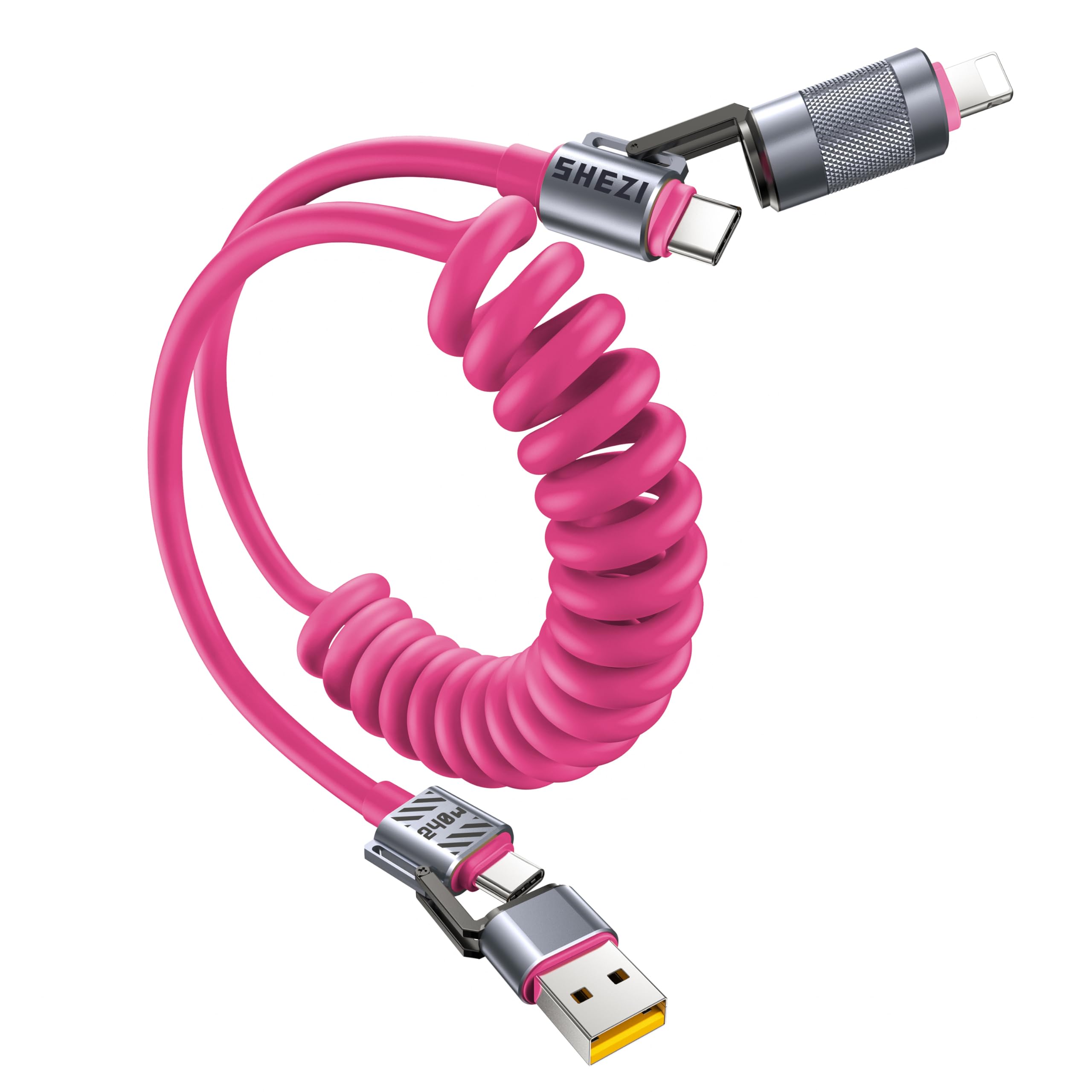 Vexipia 4-in-1 Coiled USB C Cable for Car 5FT [240W Fast Charging] Compatible with Lightning Cable [CarPlay & Android Auto] Multi Charger Cord Combo