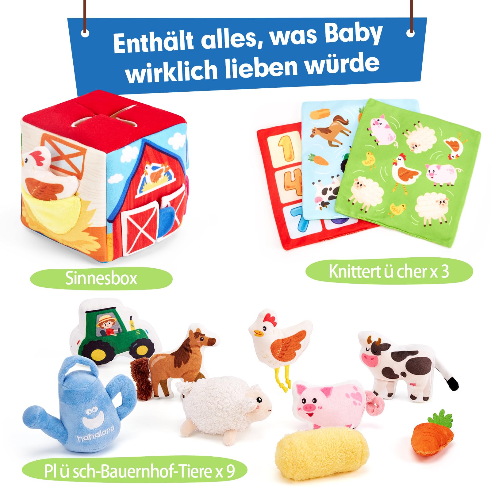 hahaland Baby Spielzeug 6 12 Monate - Bauernhof-Schatzkiste, Montessori Sensorik Spielzeug mit 9 Rasseln und Spiegel, Kinder Lernspiele Motorikspielzeug 1 2 3 Jahre, Weihnachts- und Ostergeschenk