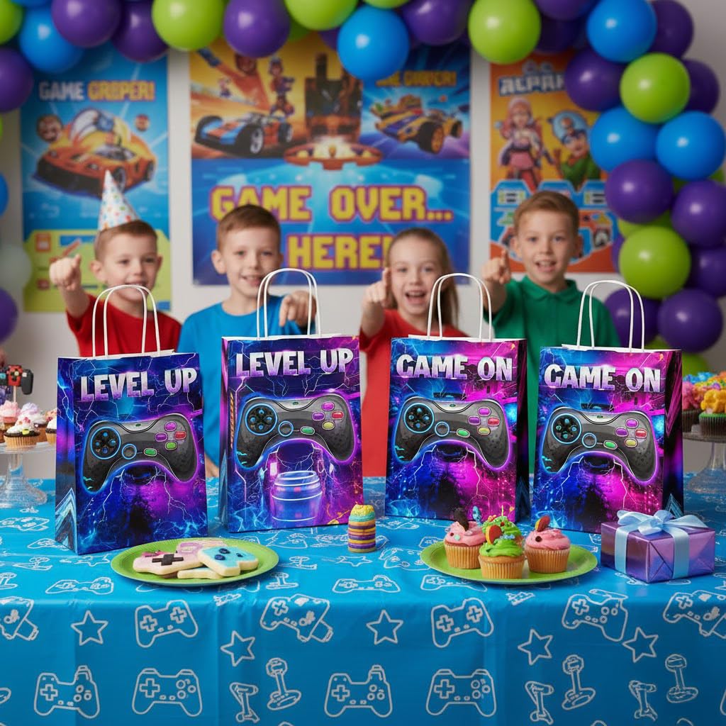 JOYGATHER 24 bolsas de recuerdos de fiesta de jugadores con asas, bolsas de regalo de videojuegos, bolsas de regalo, bolsas de dulces con 2 tipos diferentes, bolsas de papel kraft para juegos para