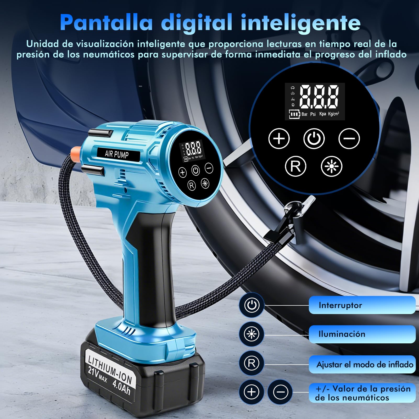 Compresor Aire Portatil Coche Bicicleta, 150PSI Inflador Ruedas Coche Bateria Recargable 4000mAh 21V, Inflador Neumáticos Electrico Bomba Inalámbrica Con LED Para Coche, Moto, Bicicleta, Pelota