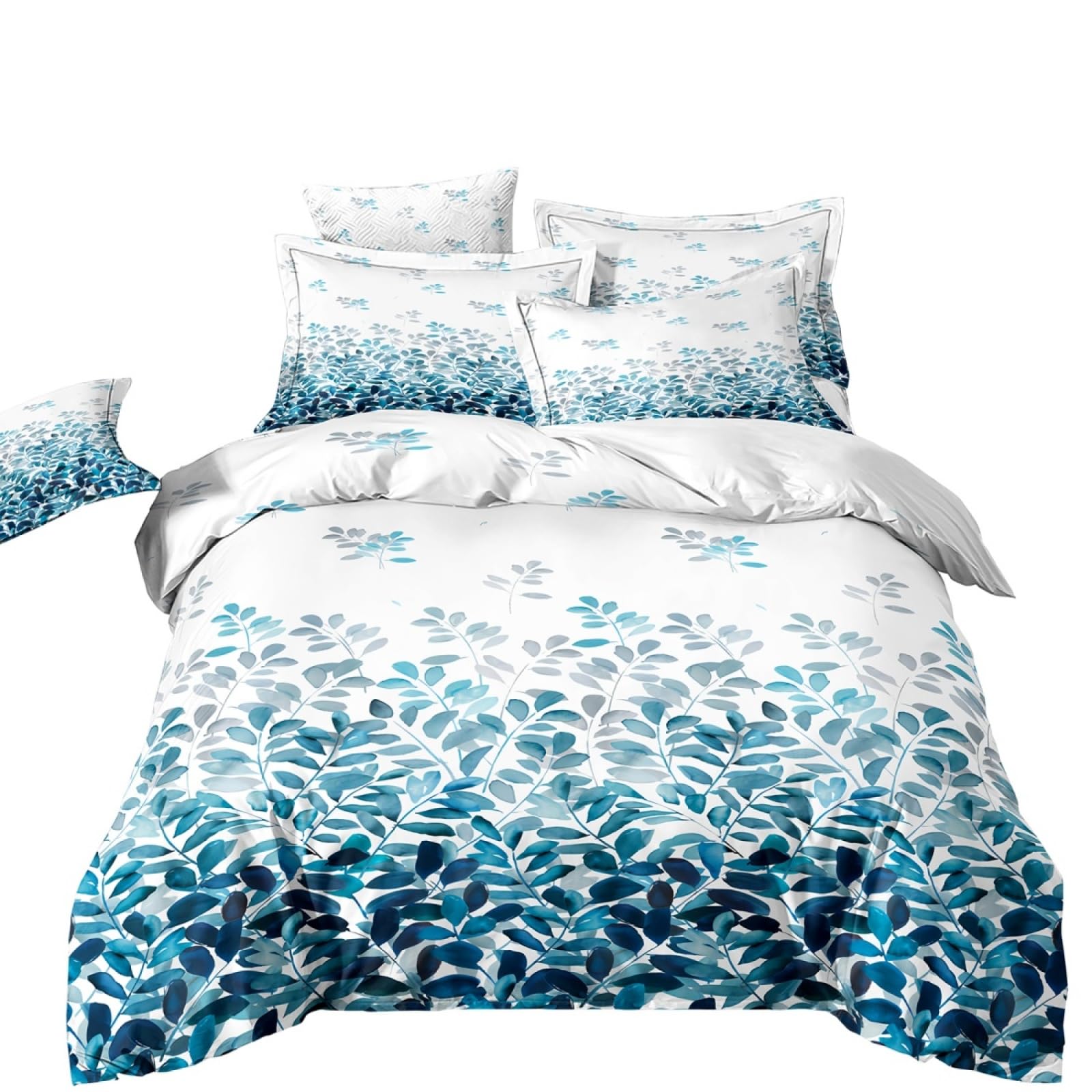 Double Duvet Set Blue White Leaves Bedding Double Bed Set