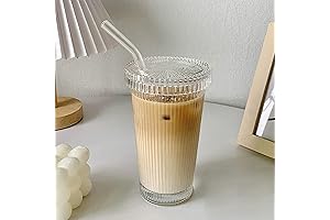 Striped Glass Tumbler - Aesthetic Coffee Cup With Lid and Straw