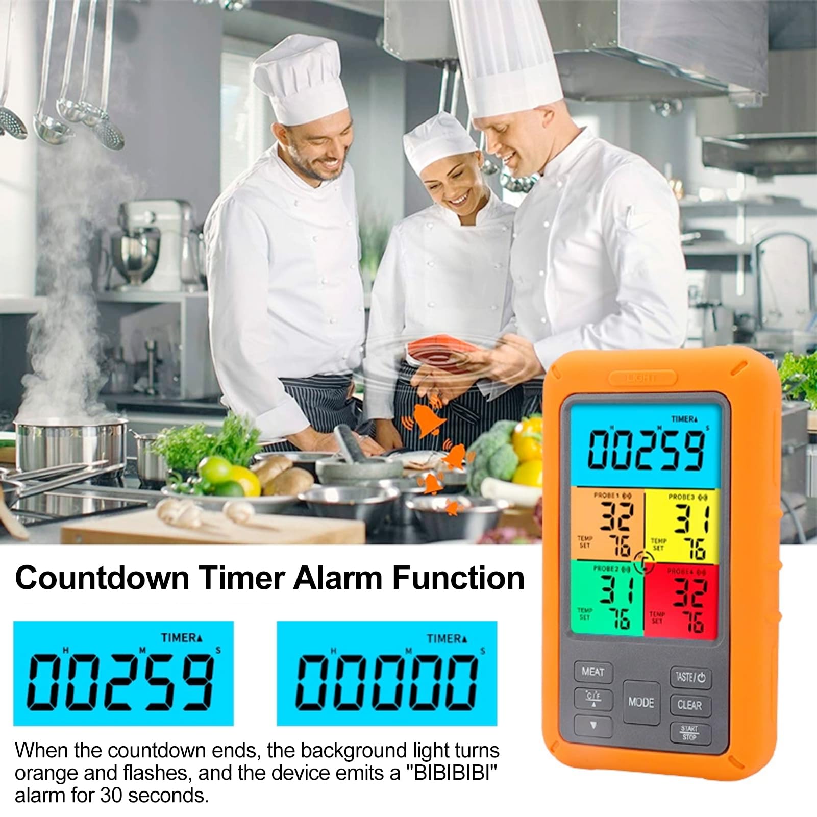 Termómetro Inalámbrico para Carne con Sondas Codificadas por Colores, Termómetro Digital para Parrilla BBQ con Alertas Inteligentes, Amplio Rango de Temperatura, 5 Niveles de Cocción, Apto