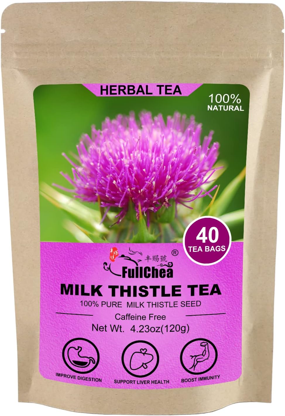 FullChea Milk Thistle Tea Bags, 40 Teabags, 3g/bag Natural Milk