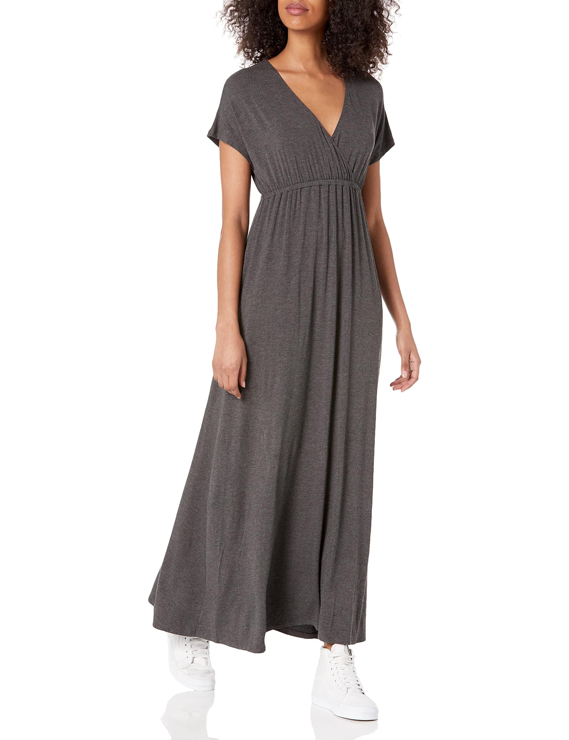 Amazon Essentials Women's Fit and Flare Waisted Jersey Maxi Dress (Available in Plus Size), Charcoal Heather, XS