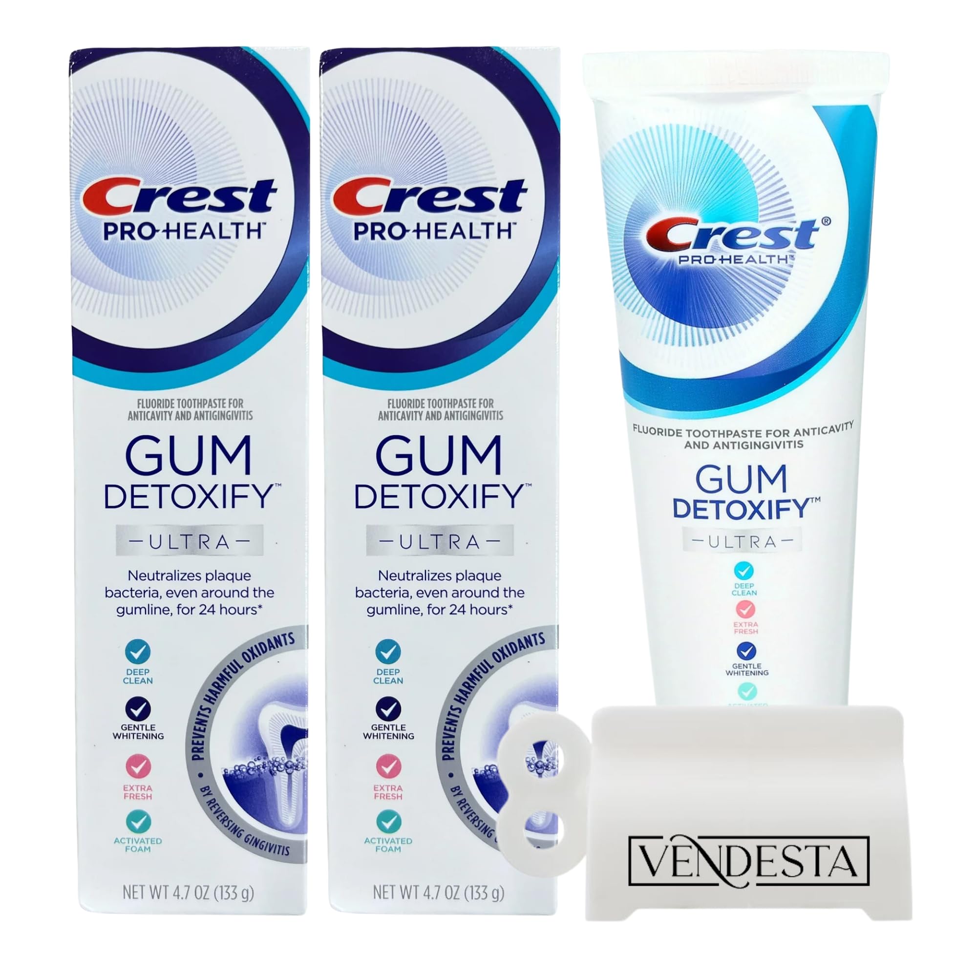 Detoxifying Toothpaste Bundle by VenDesta: 2 Pack of Crest Pro-Health Gum Detoxify Toothpaste Utra, 4.7 oz with VenDesta Toothpaste Squeezer. Neutralizes Plaque for Healthier Gums and Deep Clean.