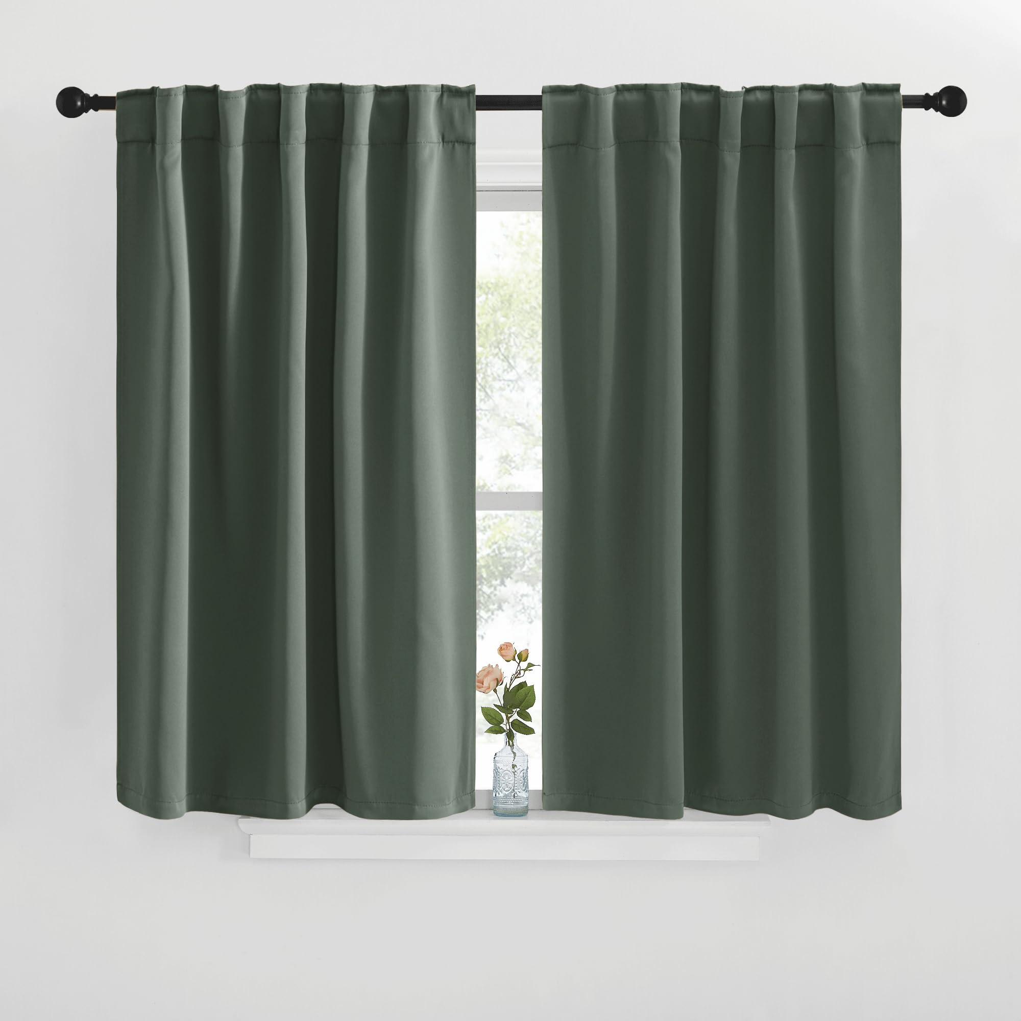NICETOWN Short Curtains for Kitchen Window - (Dark Mallard Color) W42 x L40, Double Panels, Home Decoration Light Blocking Thermal Insulated Blackout Rod Pocket &amp; Back Loop Draperies for Cupboard